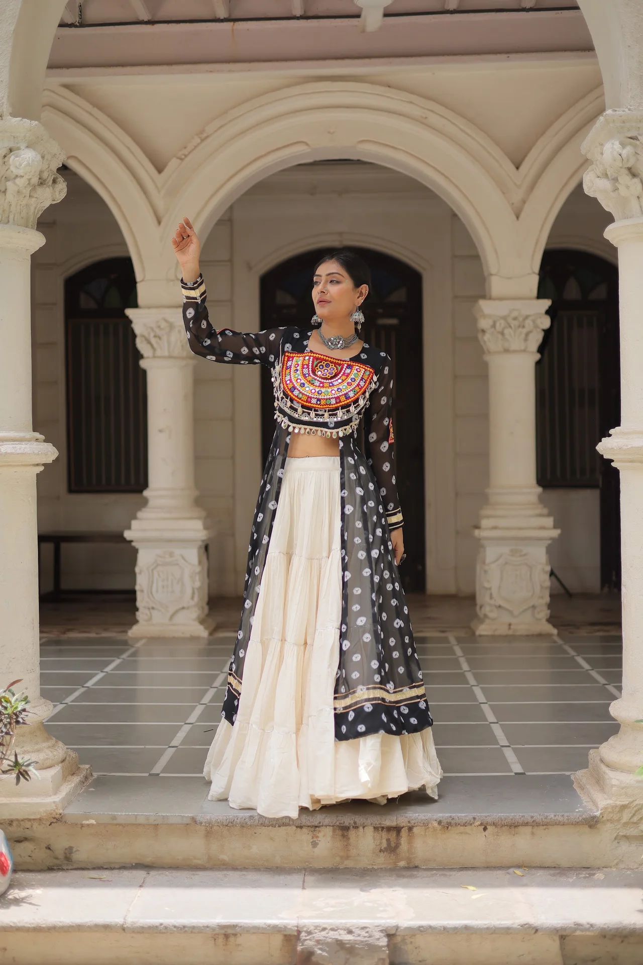 Women's Bandhani Printed Cotton Lehenga Kurti Set in Black — photo 3 of 9