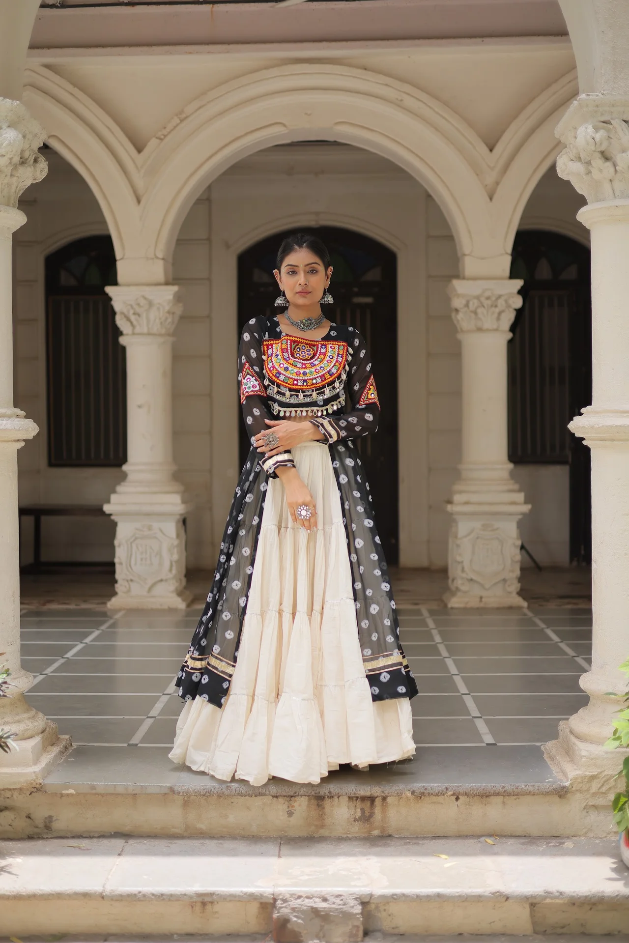 Women's Bandhani Printed Cotton Lehenga Kurti Set in Black — photo 4 of 9