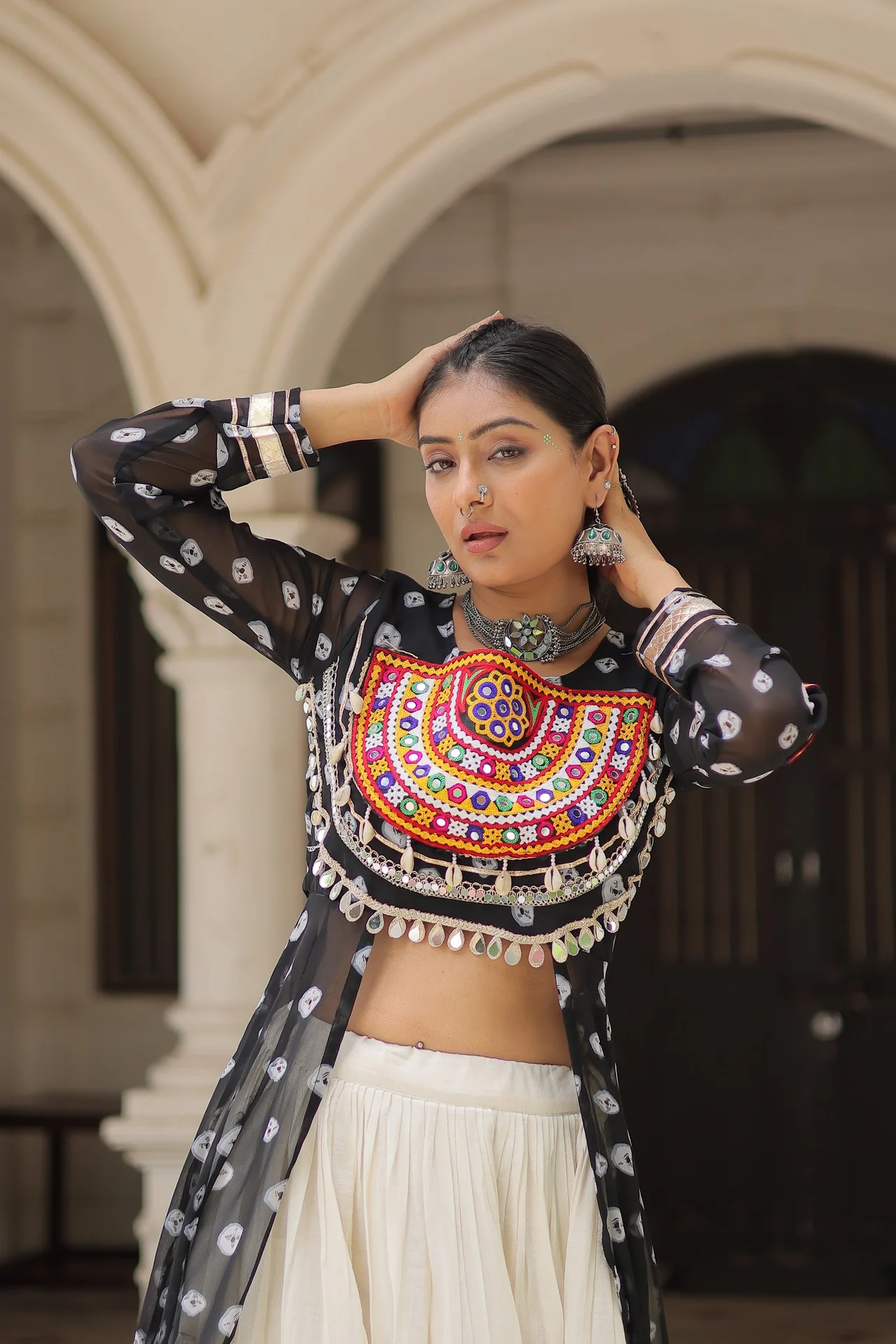 Women's Bandhani Printed Cotton Lehenga Kurti Set in Black — photo 6 of 9