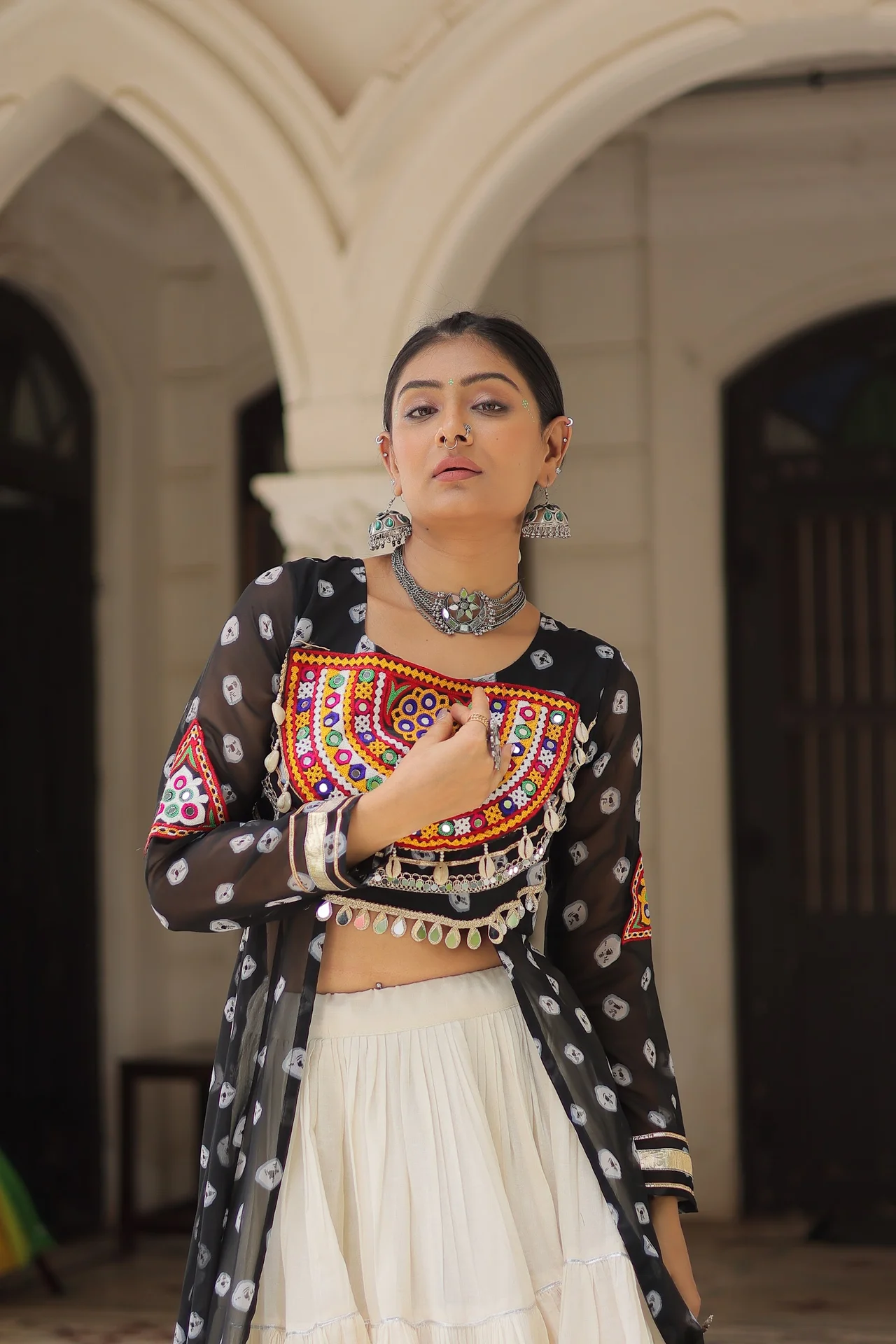 Women's Bandhani Printed Cotton Lehenga Kurti Set in Black — photo 7 of 9