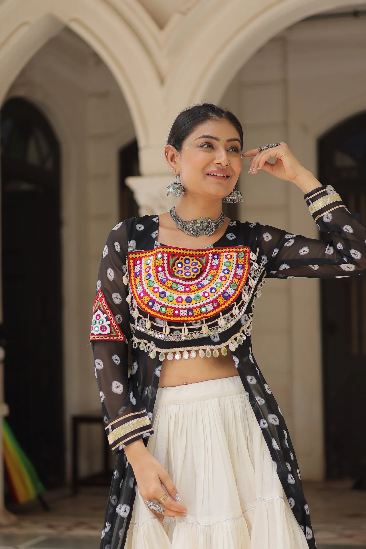Women's Bandhani Printed Cotton Lehenga Kurti Set in Black — photo 8 of 9