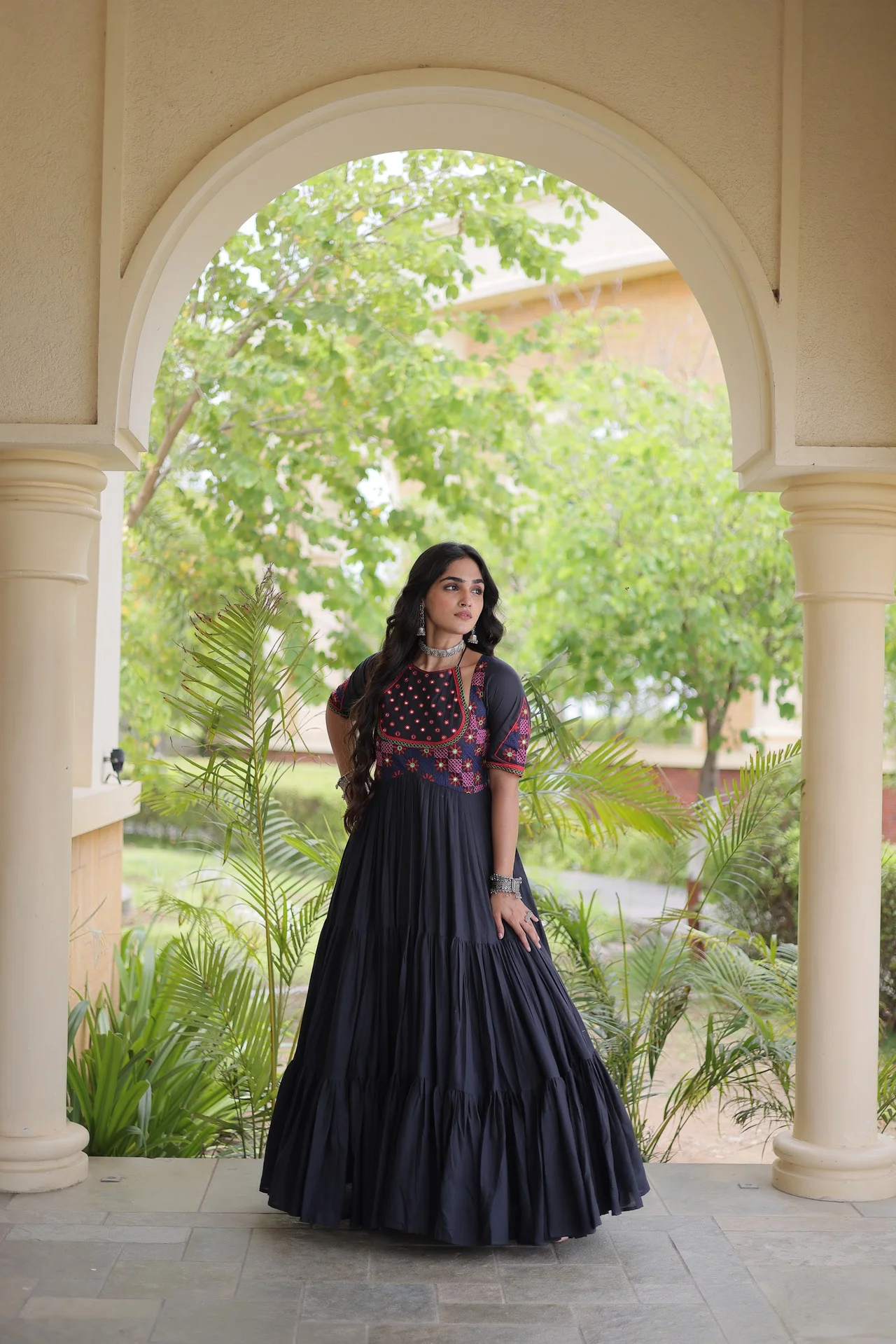 Women's Kora Cotton Gown with Mirror Work in Black — photo 2 of 8