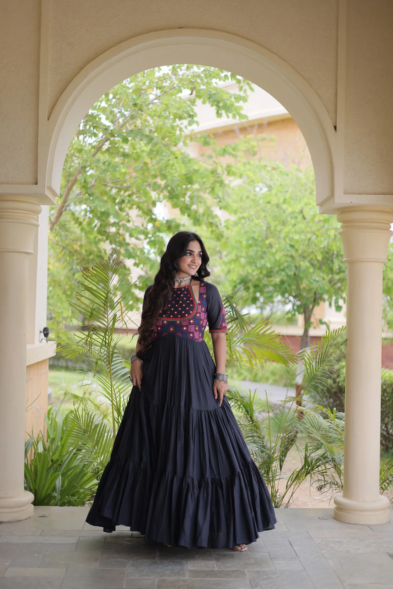 Women's Kora Cotton Gown with Mirror Work in Black — photo 3 of 8