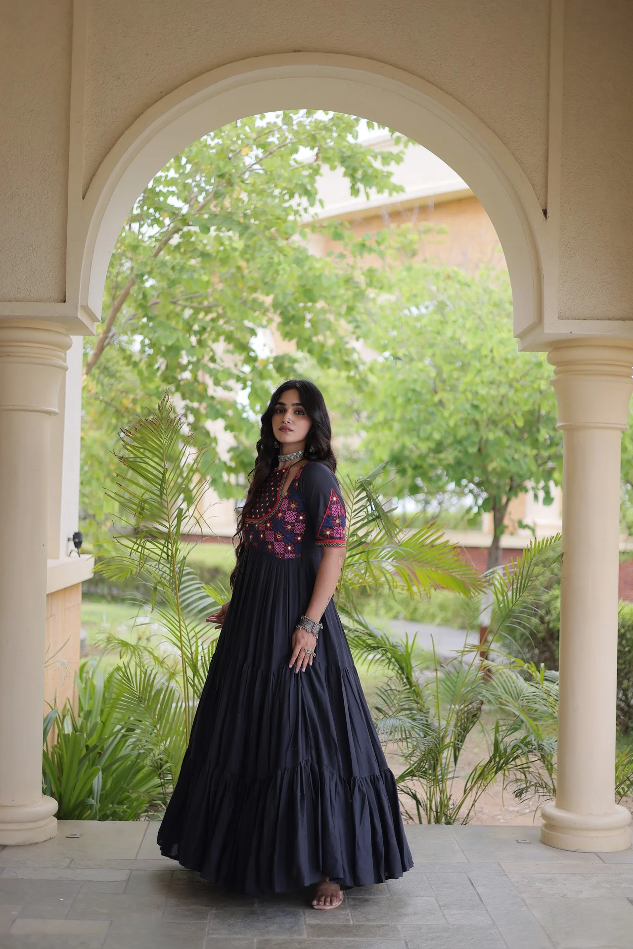 Women's Kora Cotton Gown with Mirror Work in Black — photo 4 of 8