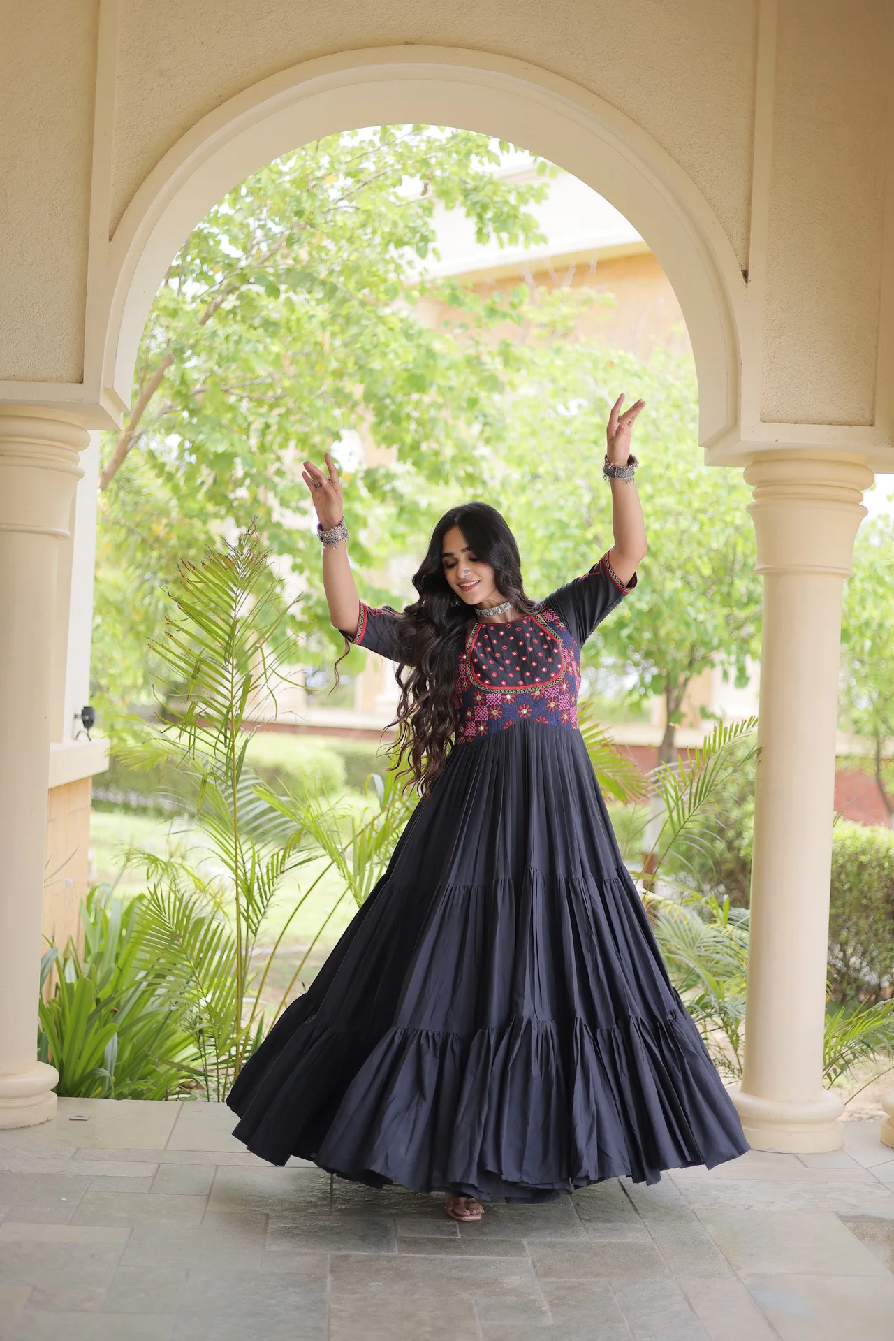 Women's Kora Cotton Gown with Mirror Work in Black — photo 5 of 8