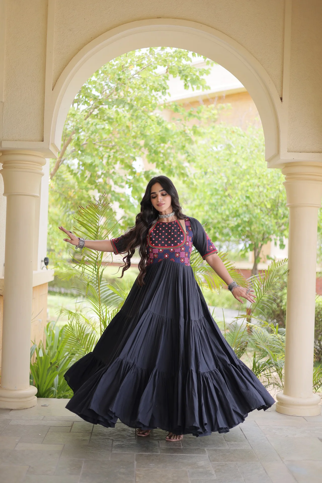 Women's Kora Cotton Gown with Mirror Work in Black — photo 6 of 8