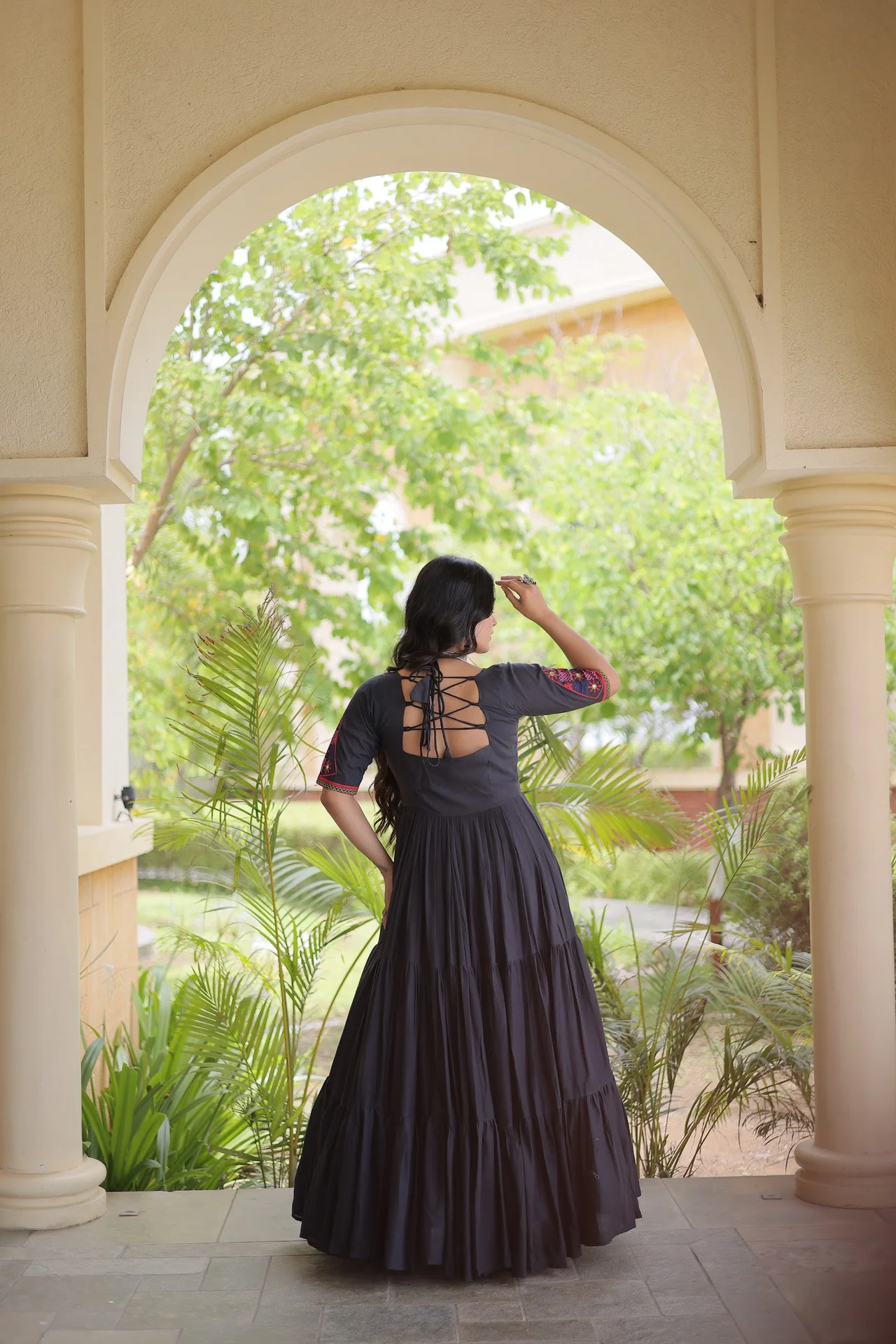 Women's Kora Cotton Gown with Mirror Work in Black — photo 8 of 8