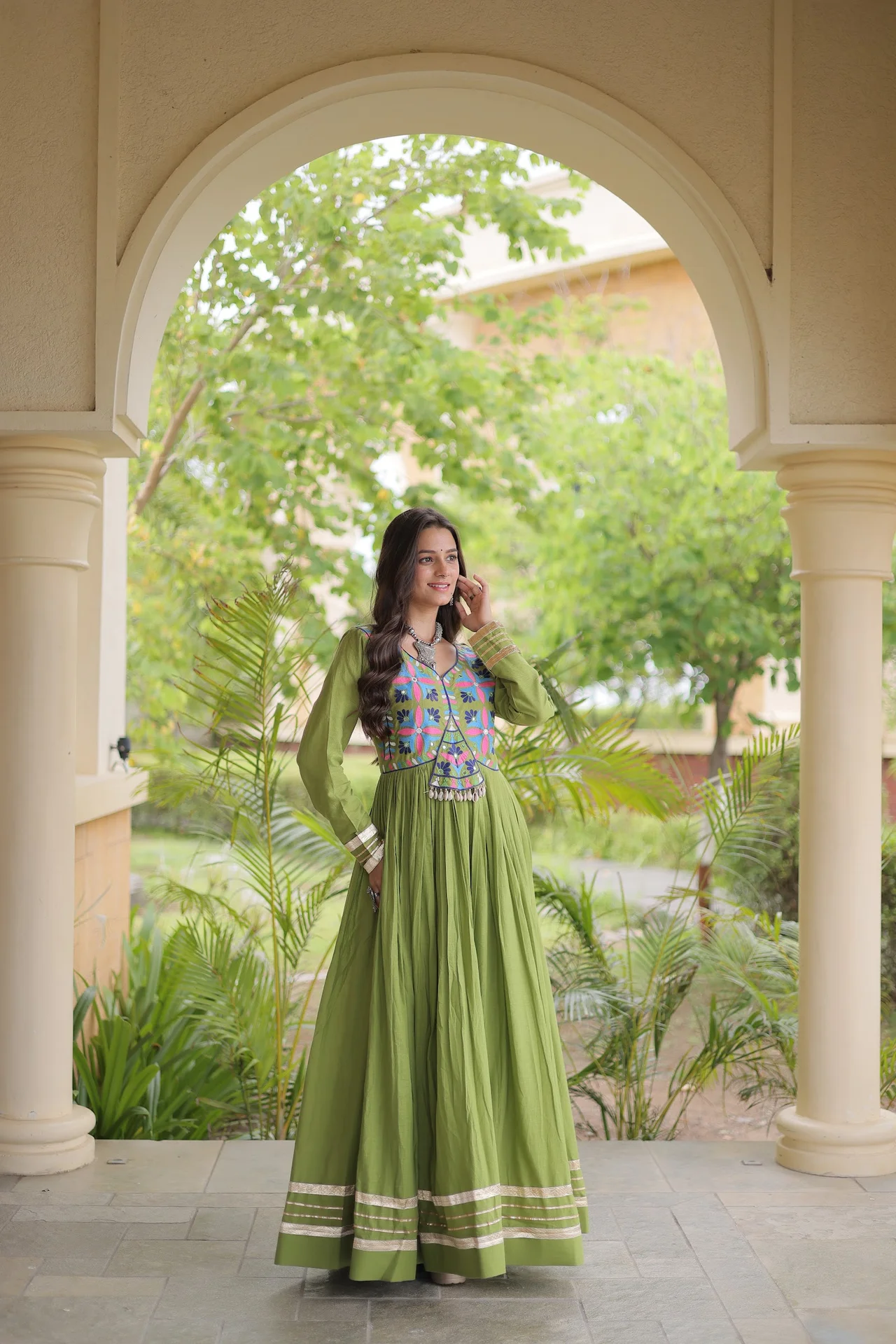 Women's Cotton Gown with Multi Thread Embroidery in Parrot Green — photo 2 of 6