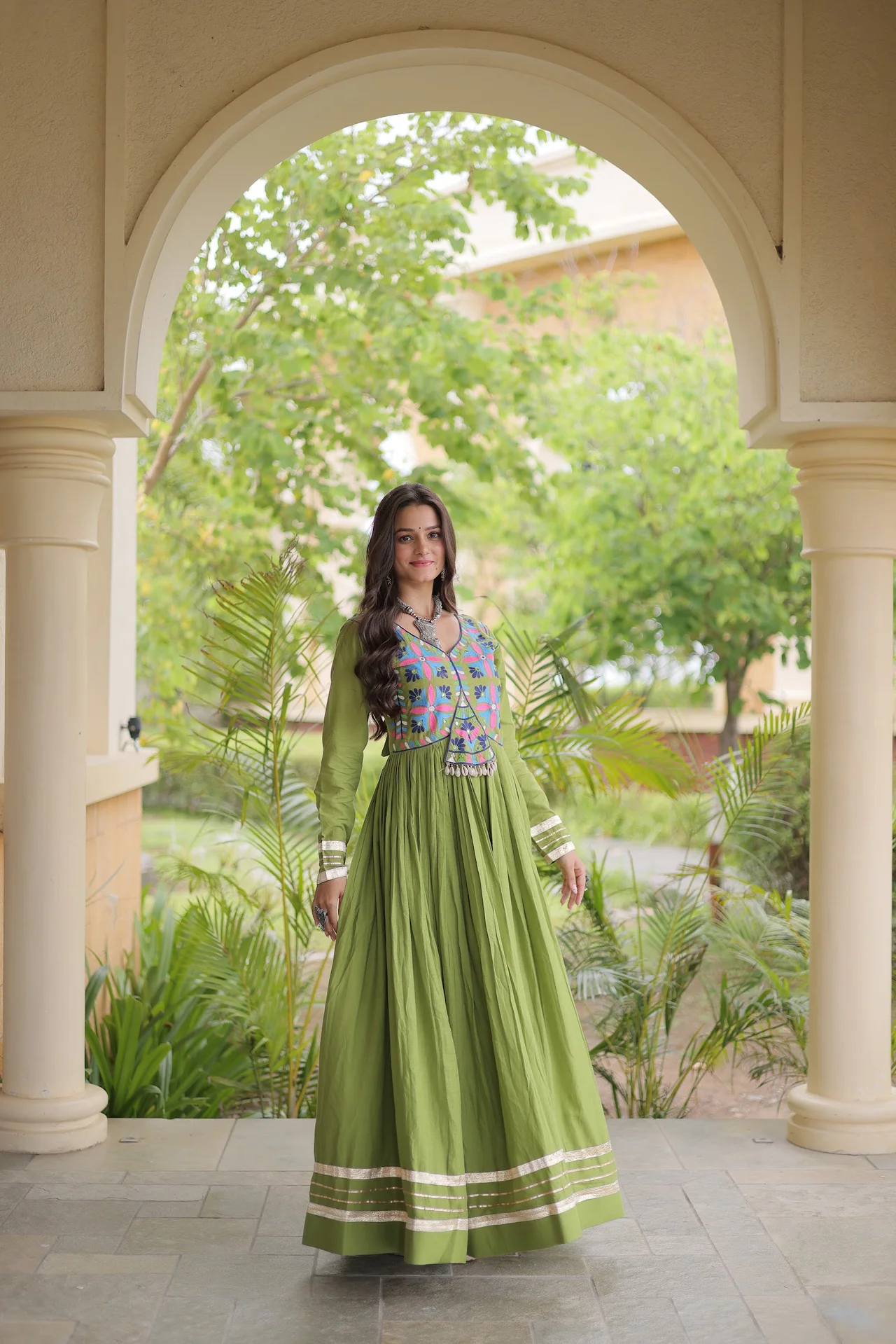 Women's Cotton Gown with Multi Thread Embroidery in Parrot Green — photo 3 of 6