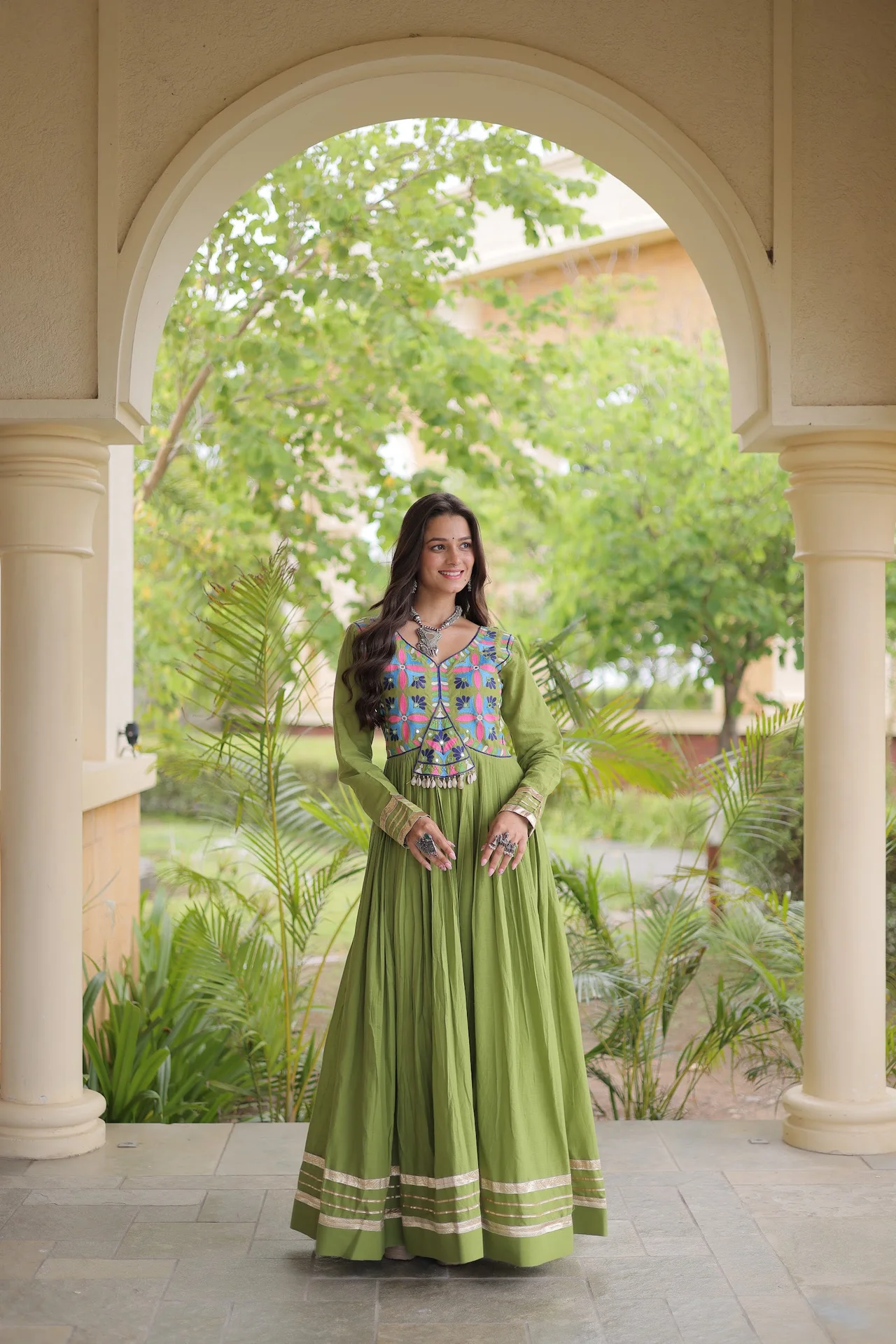 Women's Cotton Gown with Multi Thread Embroidery in Parrot Green — photo 4 of 6