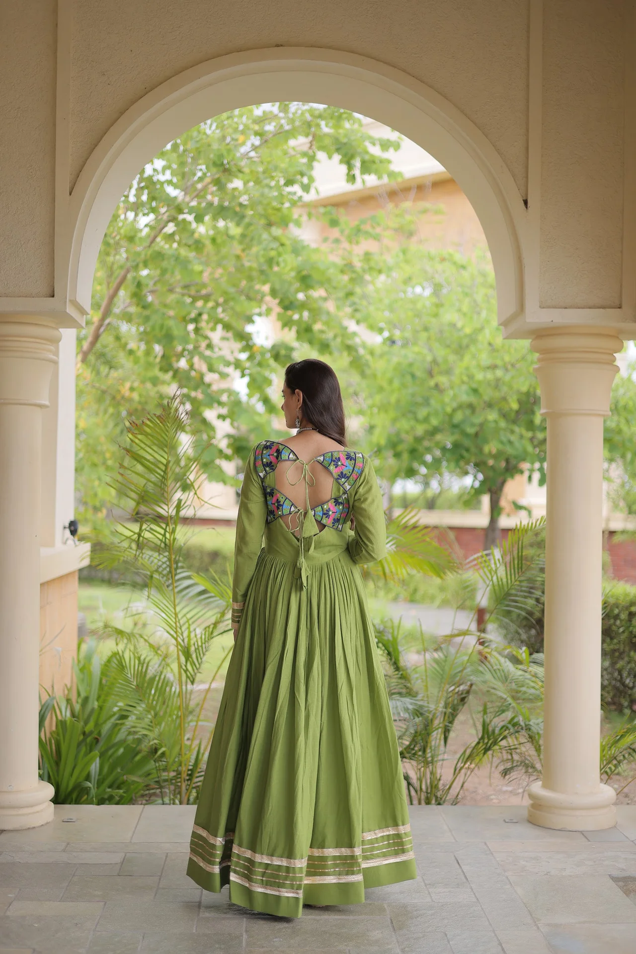 Women's Cotton Gown with Multi Thread Embroidery in Parrot Green — photo 5 of 6