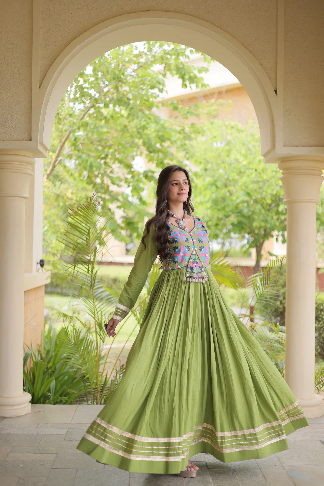 Women's Cotton Gown with Multi Thread Embroidery in Parrot Green — photo 6 of 6