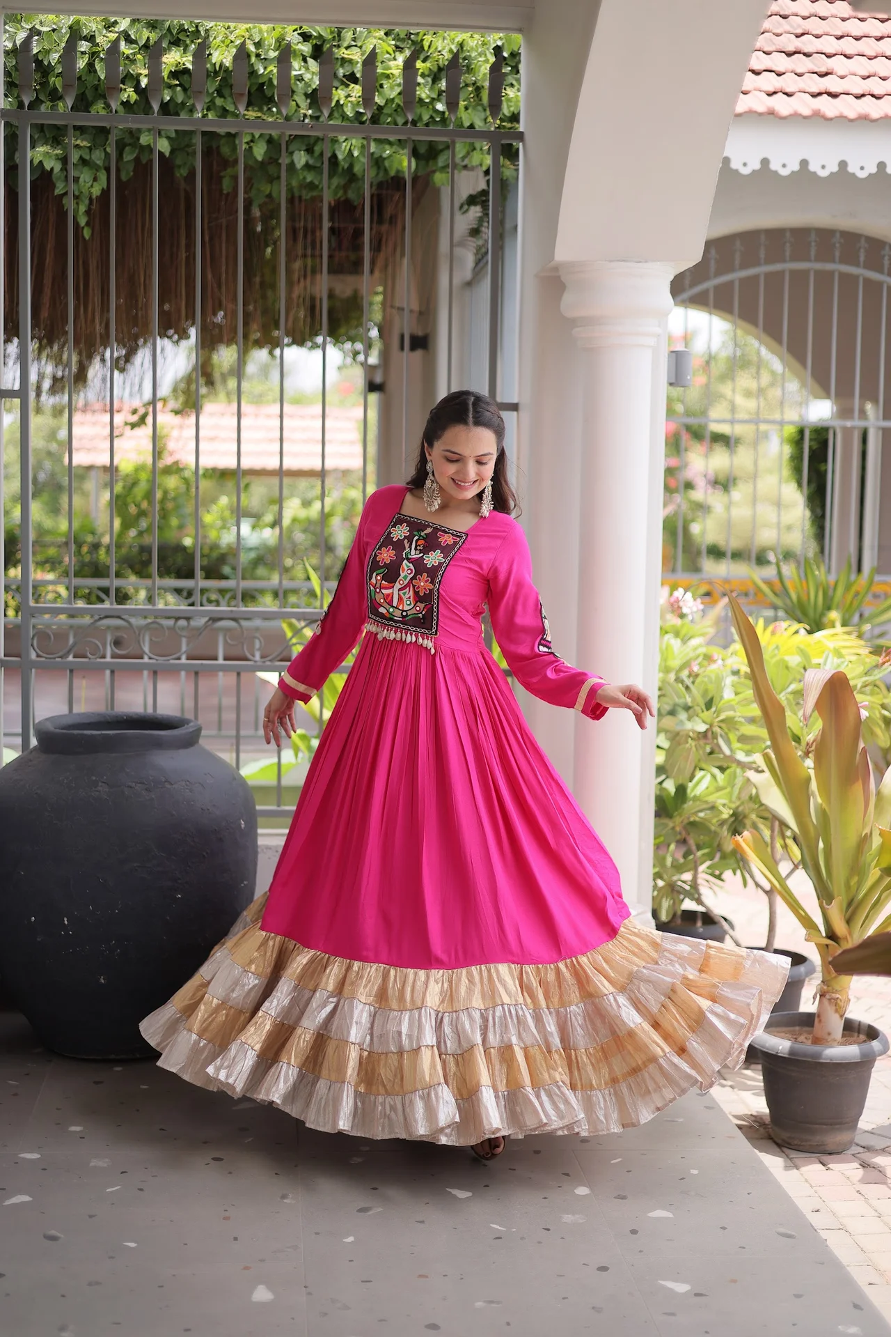 Women's Rayon Gown with Kutchi Gamthi Thread Work in Rani Pink — photo 3 of 9