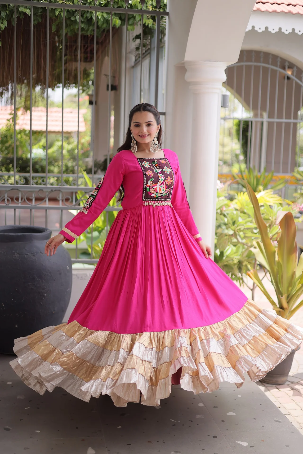 Women's Rayon Gown with Kutchi Gamthi Thread Work in Rani Pink — photo 4 of 9