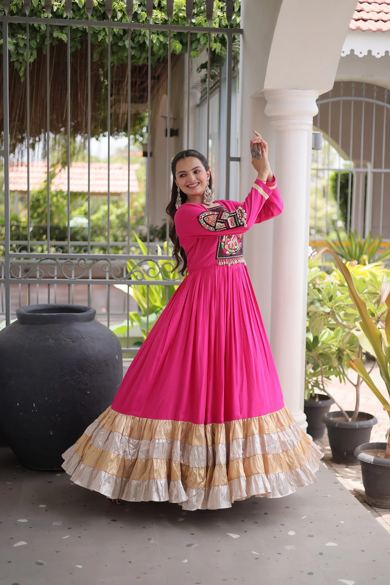 Women's Rayon Gown with Kutchi Gamthi Thread Work in Rani Pink — photo 5 of 9