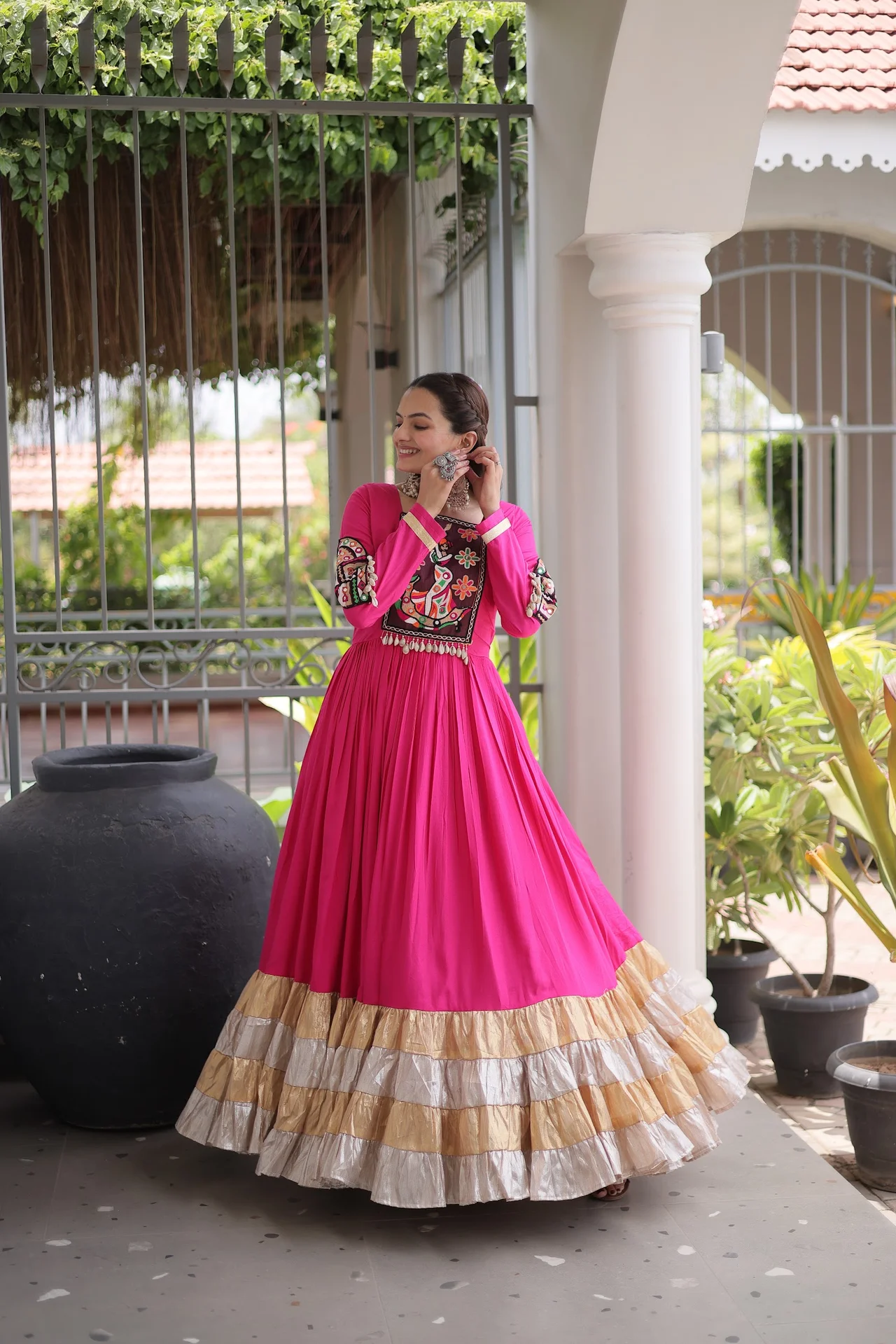 Women's Rayon Gown with Kutchi Gamthi Thread Work in Rani Pink — photo 6 of 9
