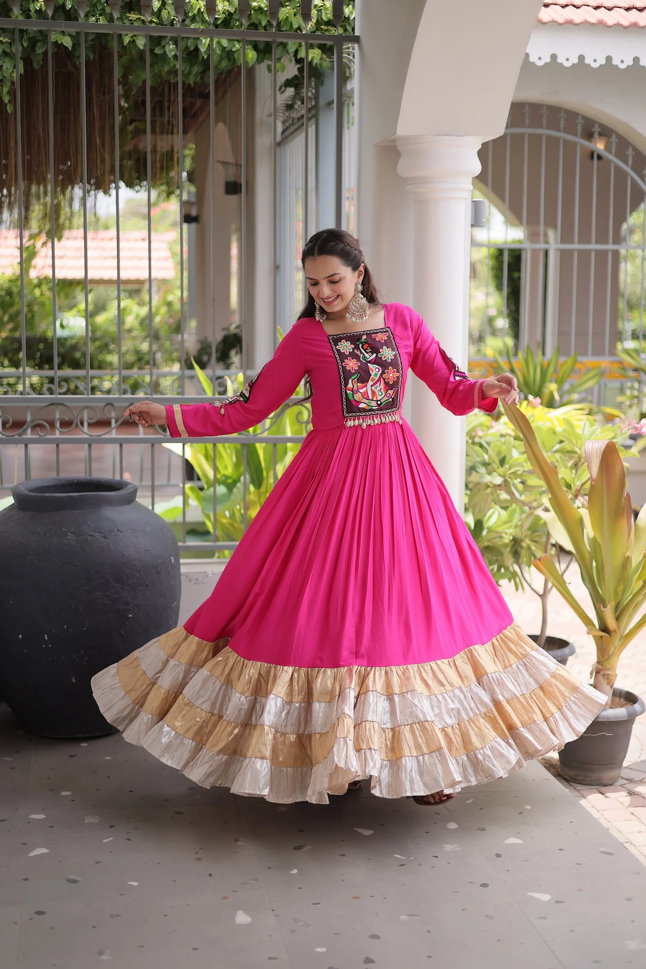 Women's Rayon Gown with Kutchi Gamthi Thread Work in Rani Pink — photo 7 of 9