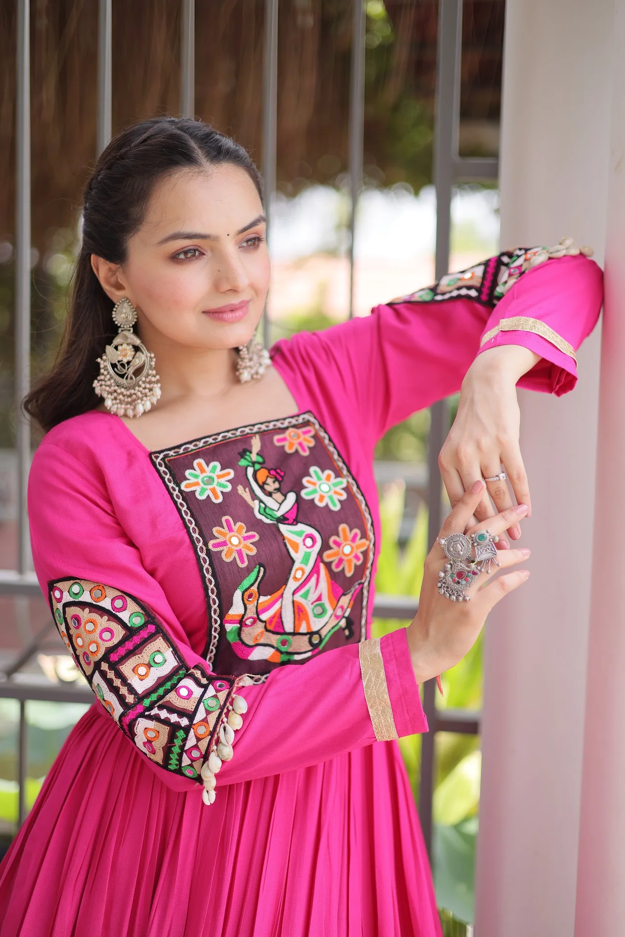 Women's Rayon Gown with Kutchi Gamthi Thread Work in Rani Pink — photo 8 of 9