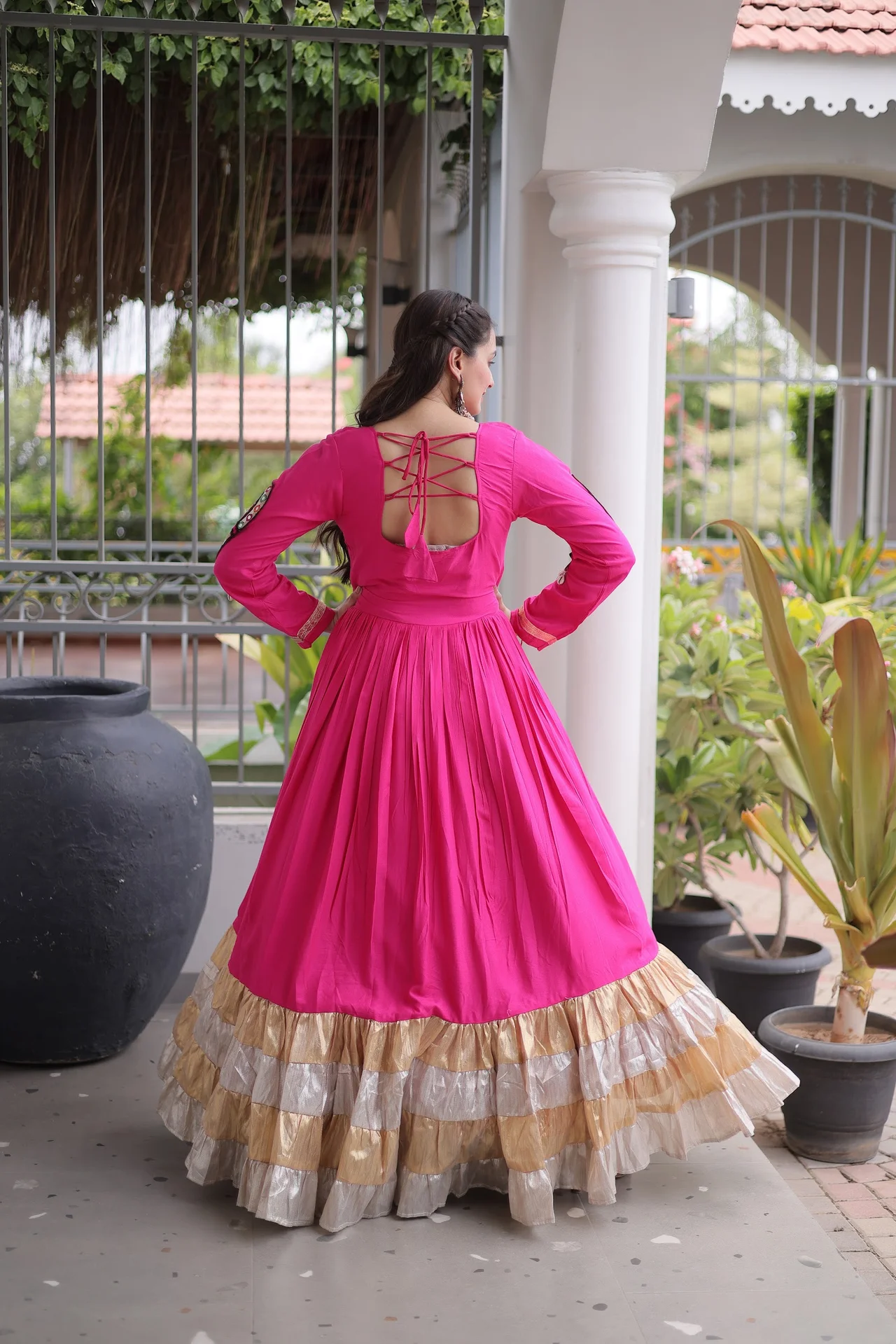 Women's Rayon Gown with Kutchi Gamthi Thread Work in Rani Pink — photo 9 of 9