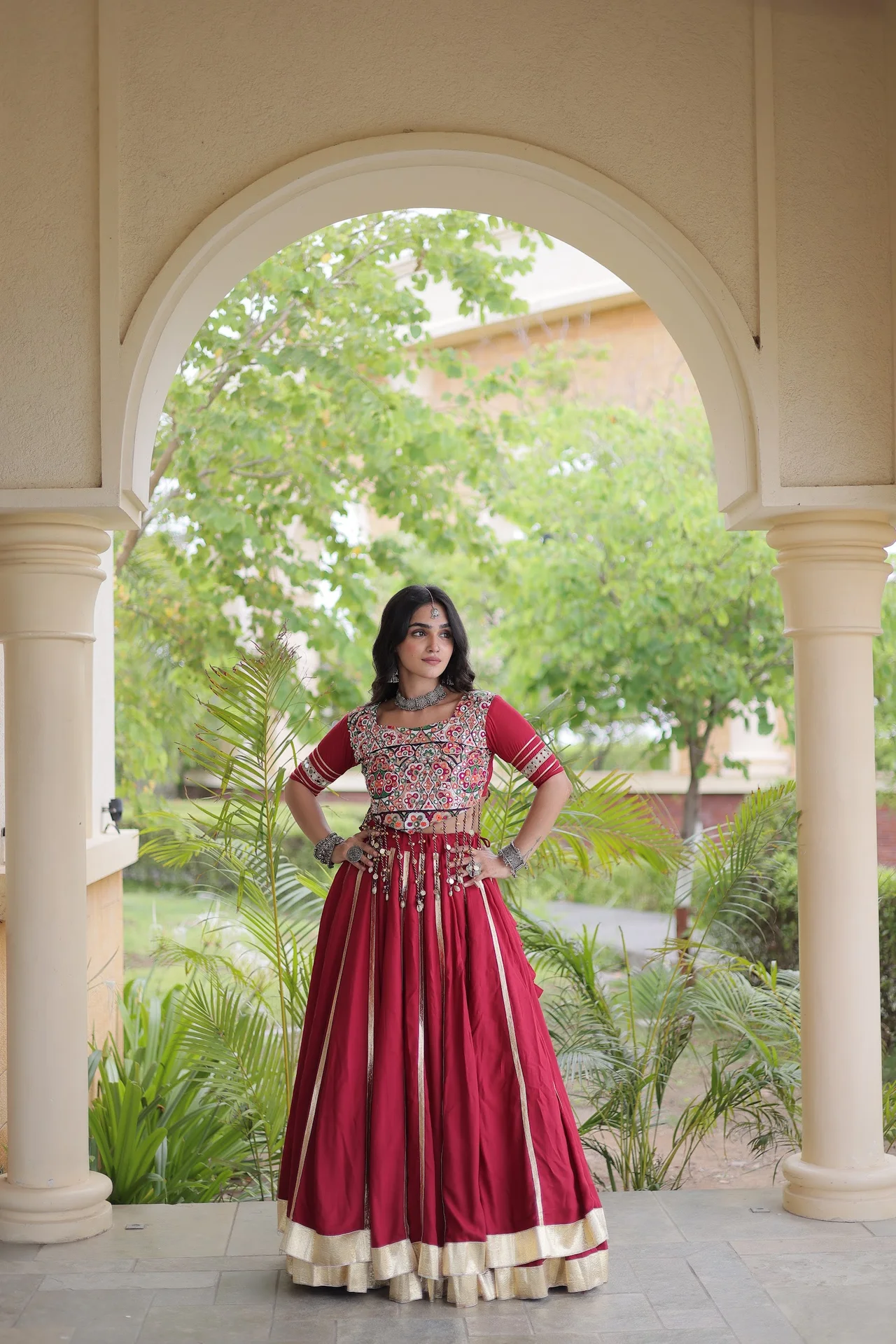 Women's Rayon Lehenga Choli with Stitched Blouse in Maroon — photo 3 of 8