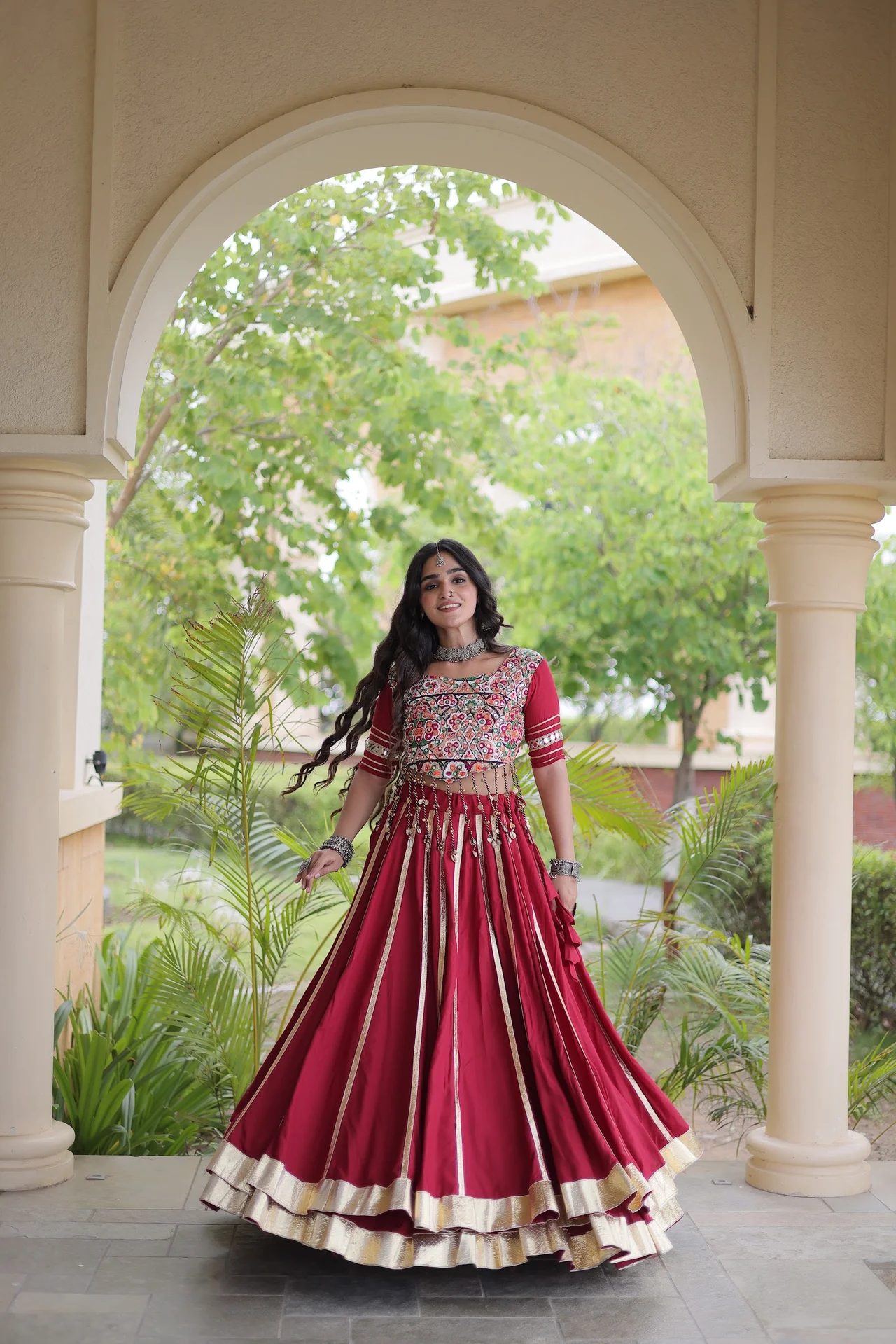 Women's Rayon Lehenga Choli with Stitched Blouse in Maroon — photo 4 of 8
