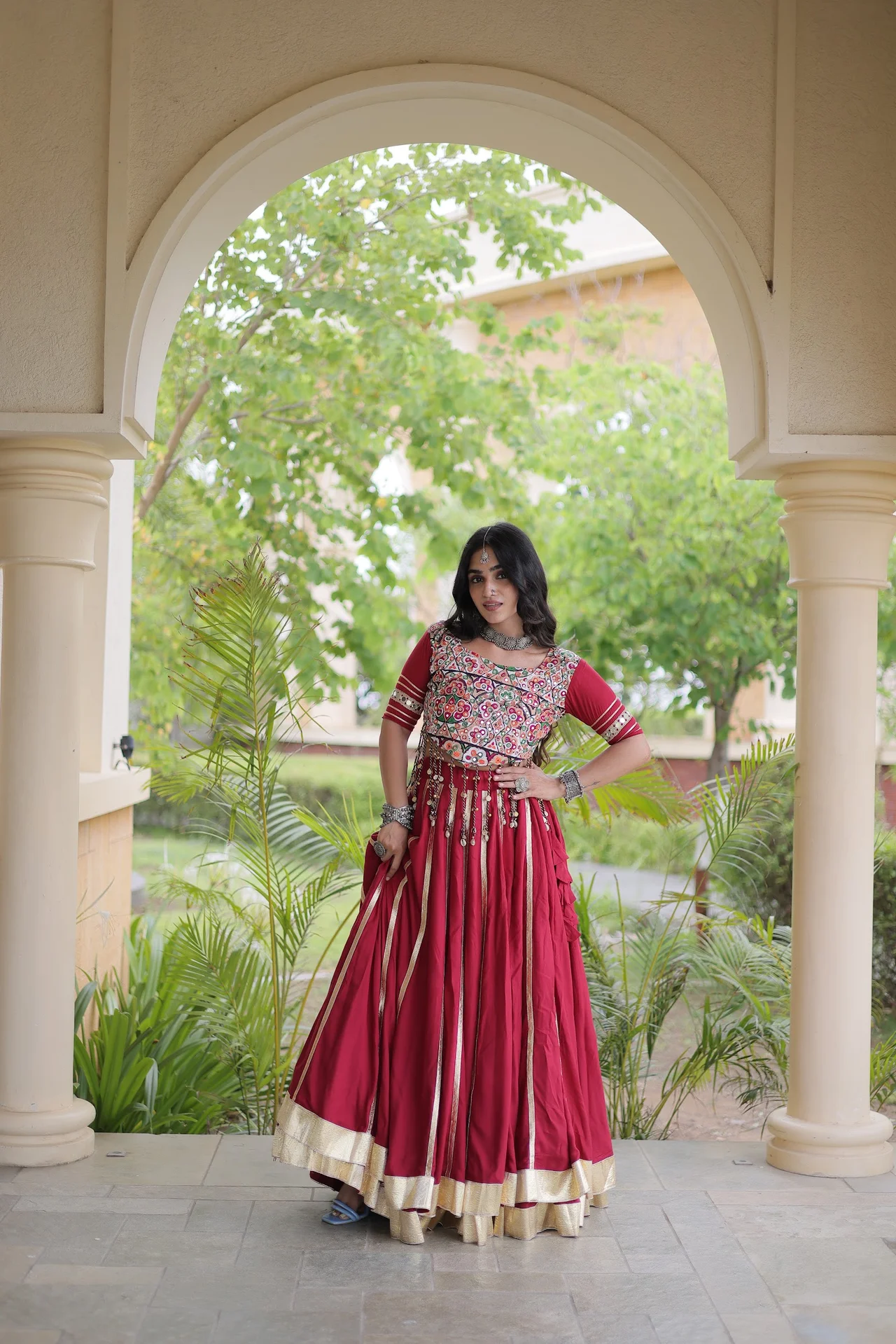 Women's Rayon Lehenga Choli with Stitched Blouse in Maroon — photo 6 of 8