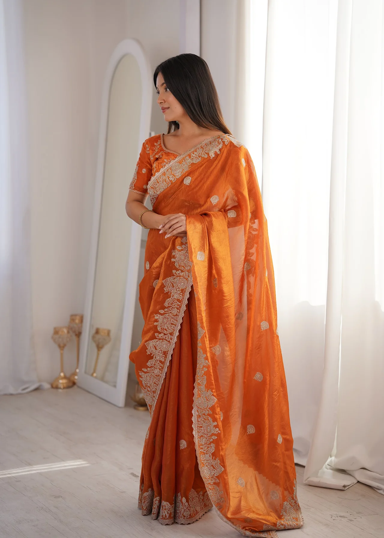 Women's Fendy Crush Saree with Blouse Piece in Orange — photo 2 of 7
