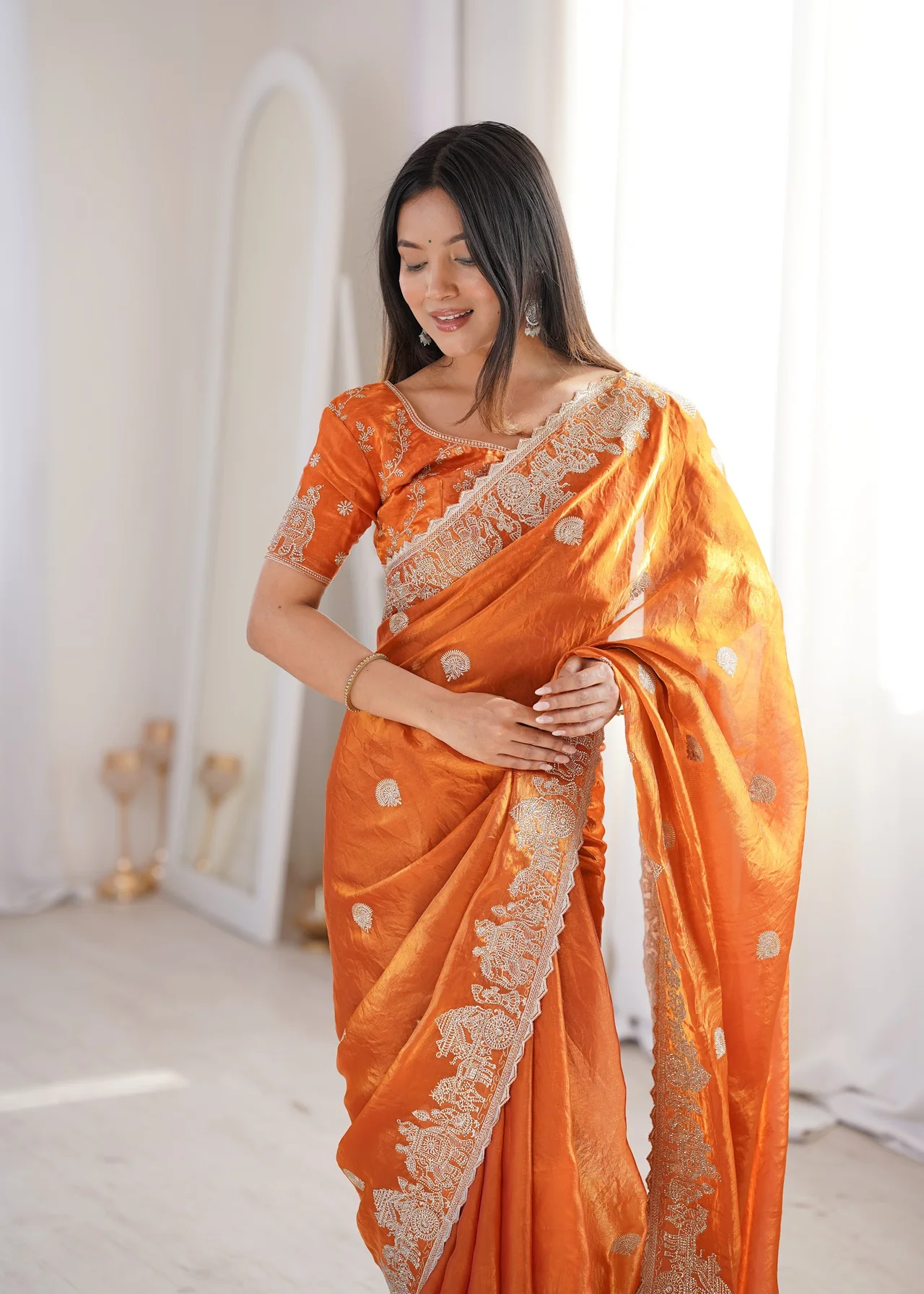 Women's Fendy Crush Saree with Blouse Piece in Orange — photo 3 of 7
