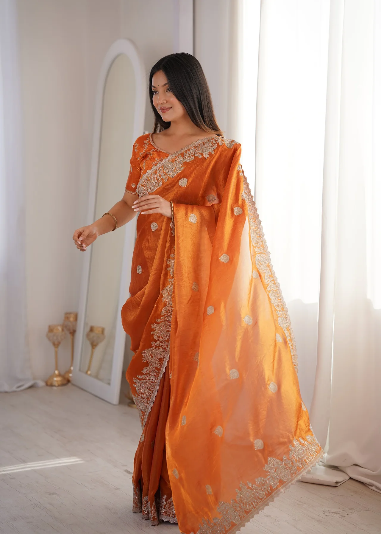 Women's Fendy Crush Saree with Blouse Piece in Orange — photo 5 of 7