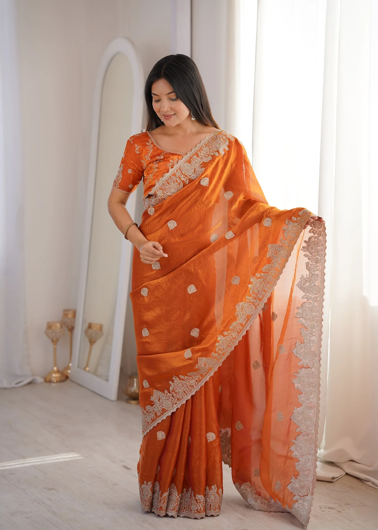 Women's Fendy Crush Saree with Blouse Piece in Orange — photo 6 of 7