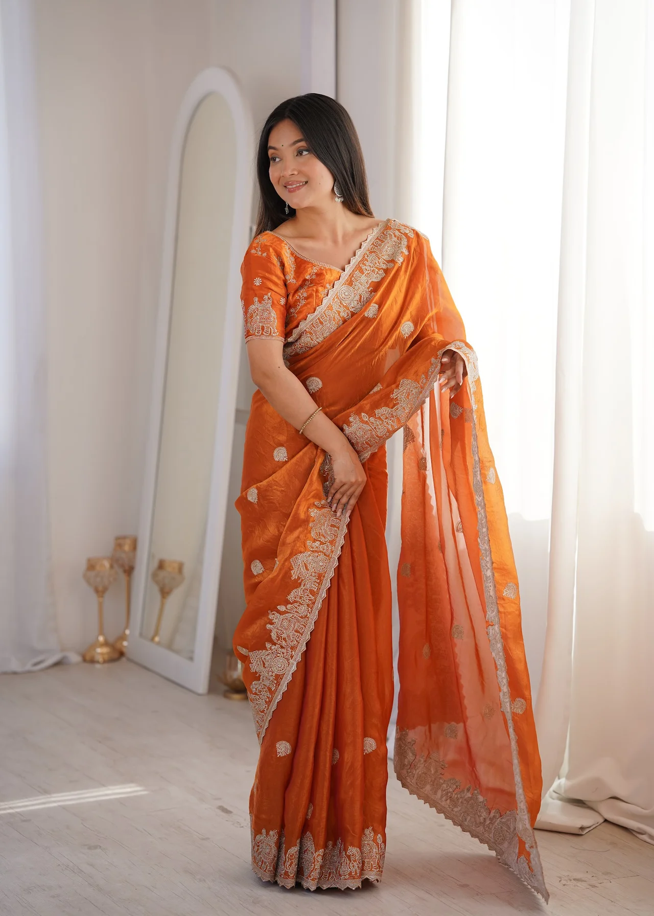Women's Fendy Crush Saree with Blouse Piece in Orange — photo 7 of 7