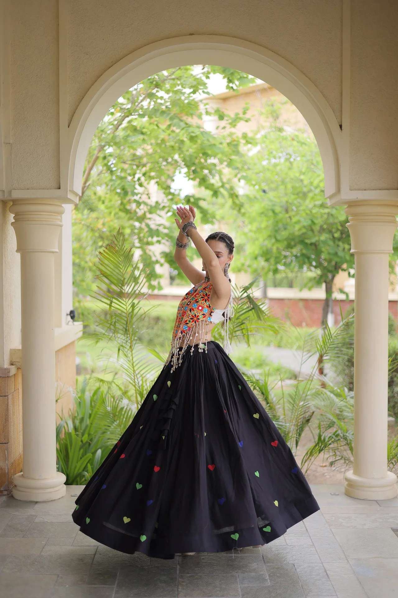 Women's Kora Cotton Lehenga Choli with Gamthi Embroidered Blouse in Black — photo 2 of 8