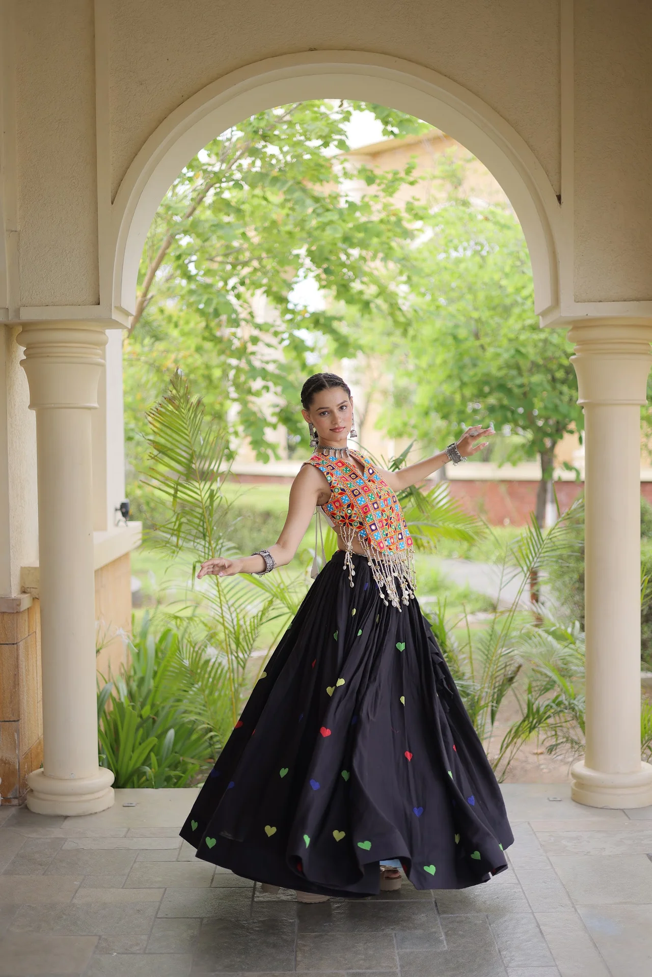 Women's Kora Cotton Lehenga Choli with Gamthi Embroidered Blouse in Black — photo 3 of 8