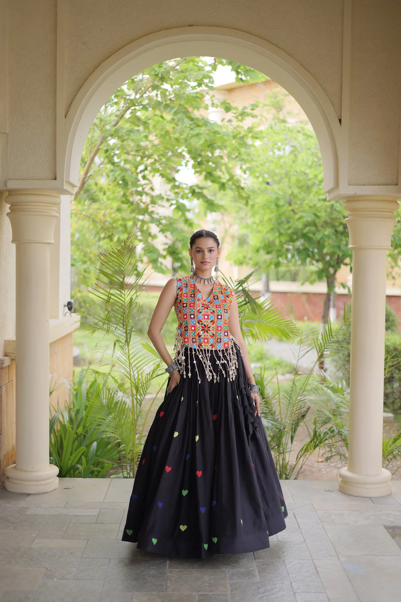 Women's Kora Cotton Lehenga Choli with Gamthi Embroidered Blouse in Black — photo 4 of 8