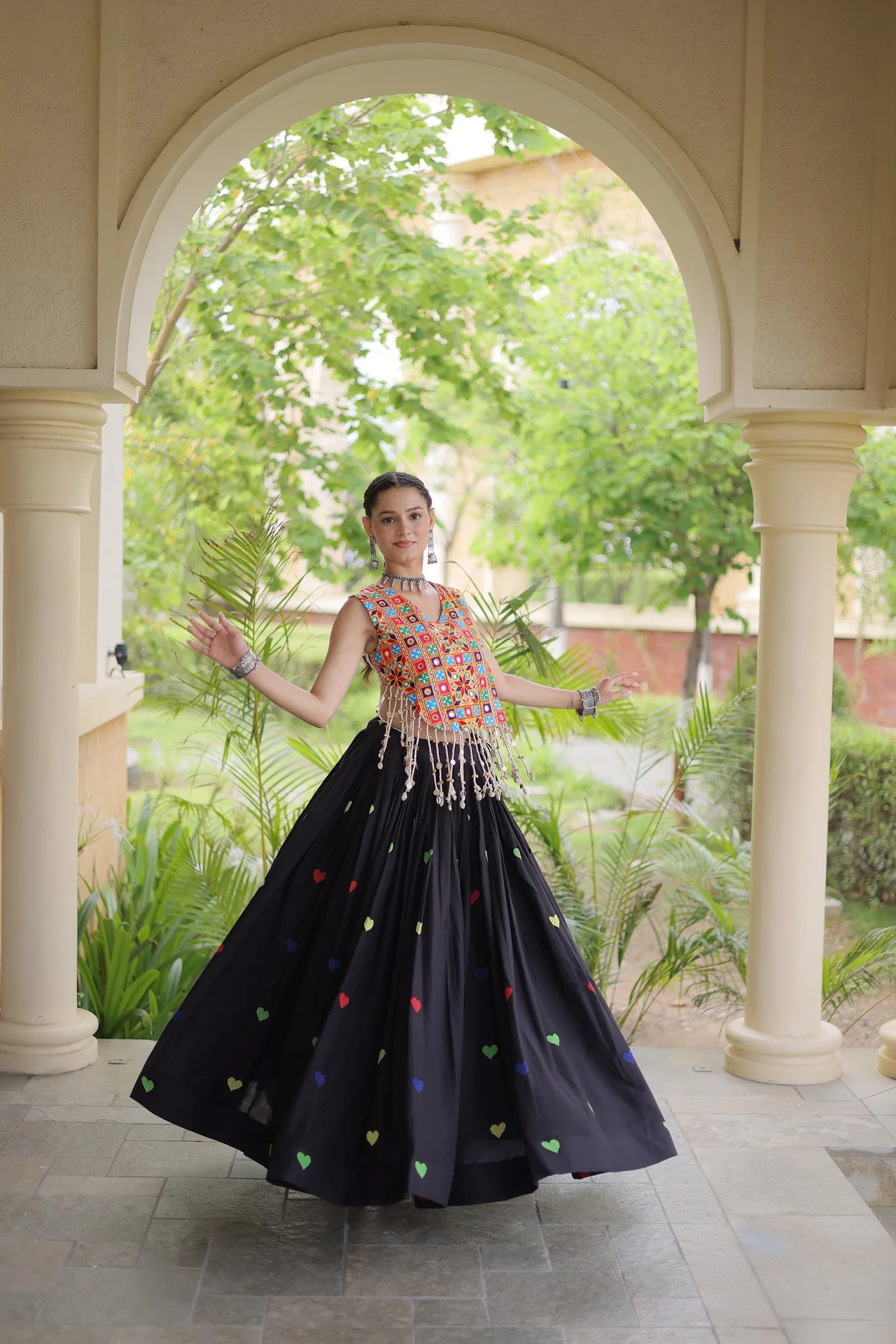 Women's Kora Cotton Lehenga Choli with Gamthi Embroidered Blouse in Black — photo 5 of 8