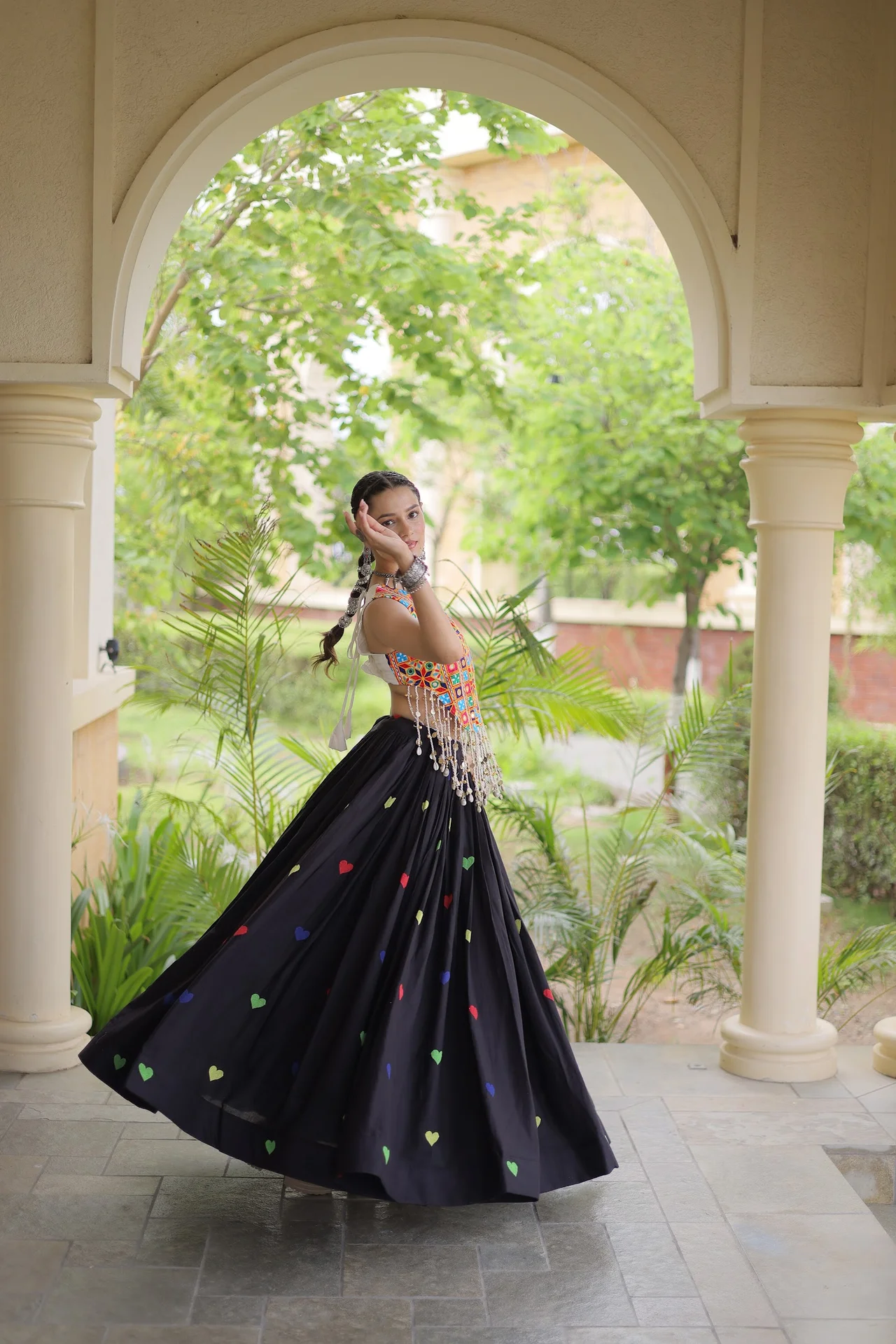 Women's Kora Cotton Lehenga Choli with Gamthi Embroidered Blouse in Black — photo 6 of 8