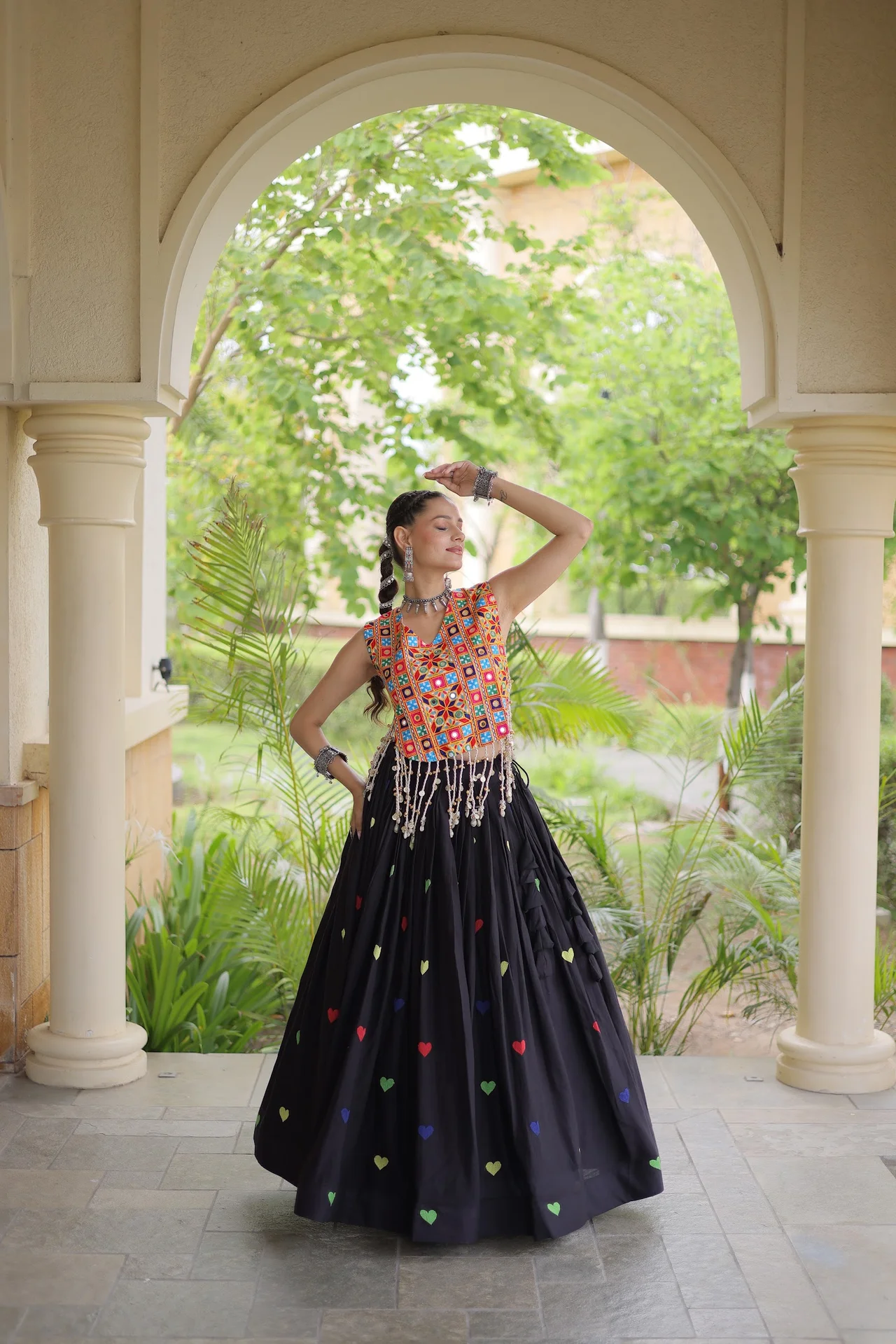 Women's Kora Cotton Lehenga Choli with Gamthi Embroidered Blouse in Black — photo 8 of 8