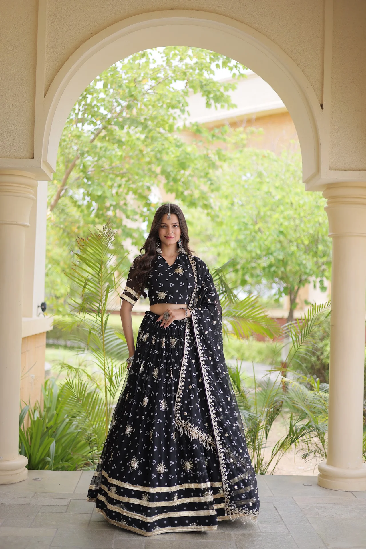 Women's Faux Georgette Bandhej Print Lehenga Choli with Dupatta in Black — photo 3 of 8