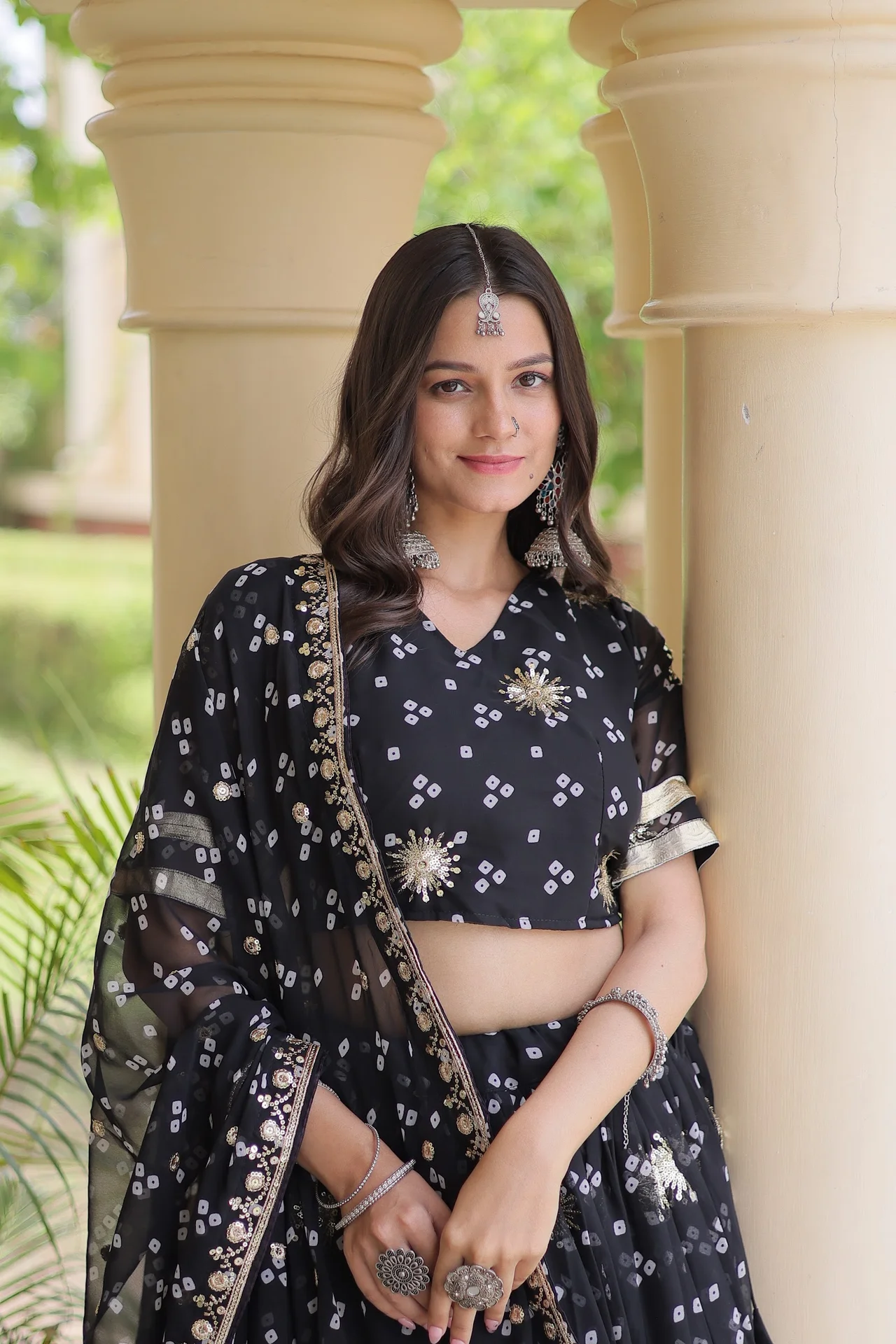 Women's Faux Georgette Bandhej Print Lehenga Choli with Dupatta in Black — photo 6 of 8