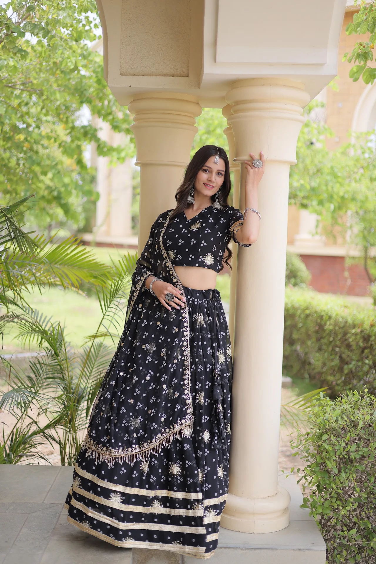 Women's Faux Georgette Bandhej Print Lehenga Choli with Dupatta in Black — photo 8 of 8