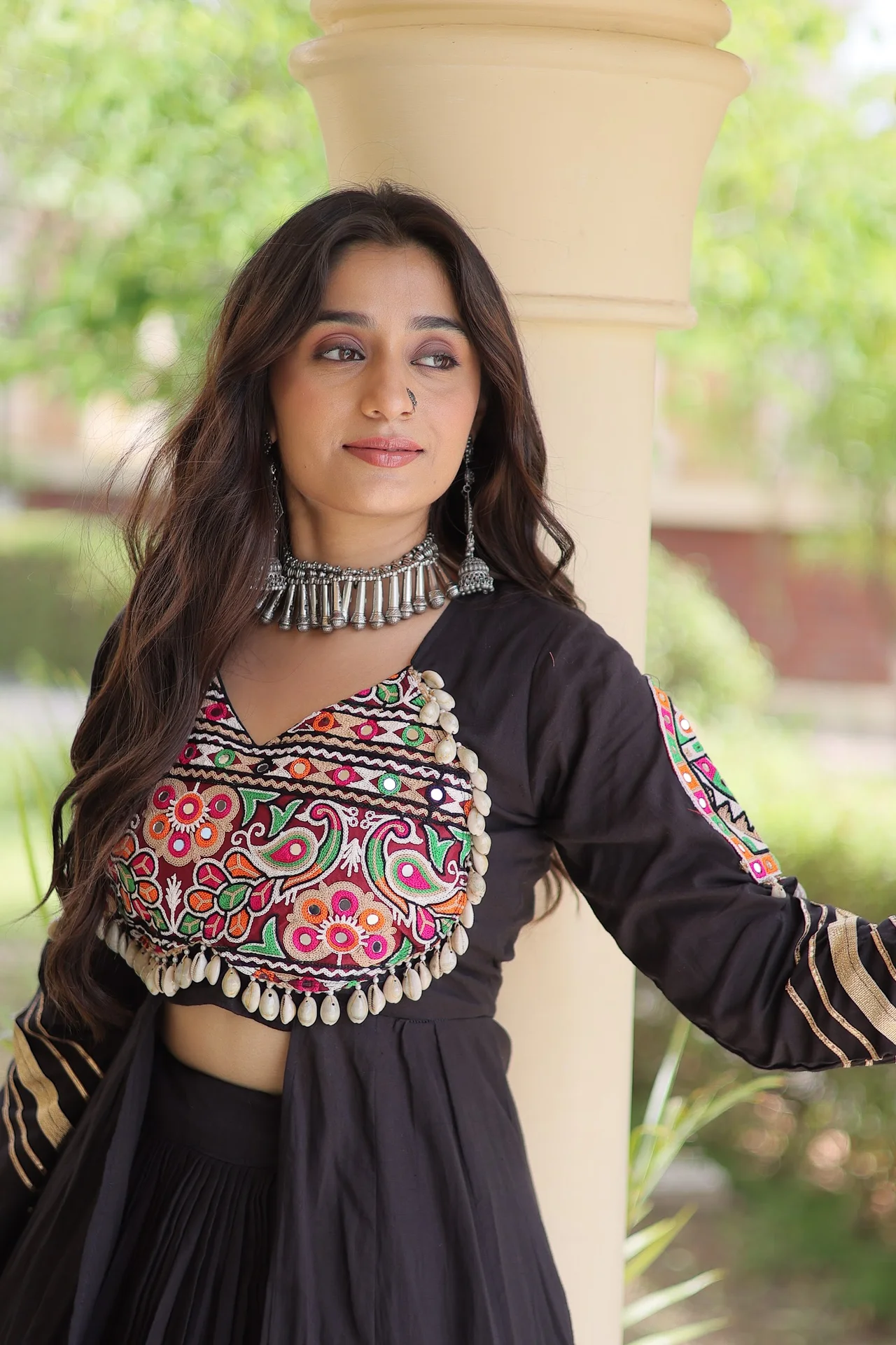 Women's Kora Cotton Lehenga Choli with Long Shrug in Black — photo 2 of 3