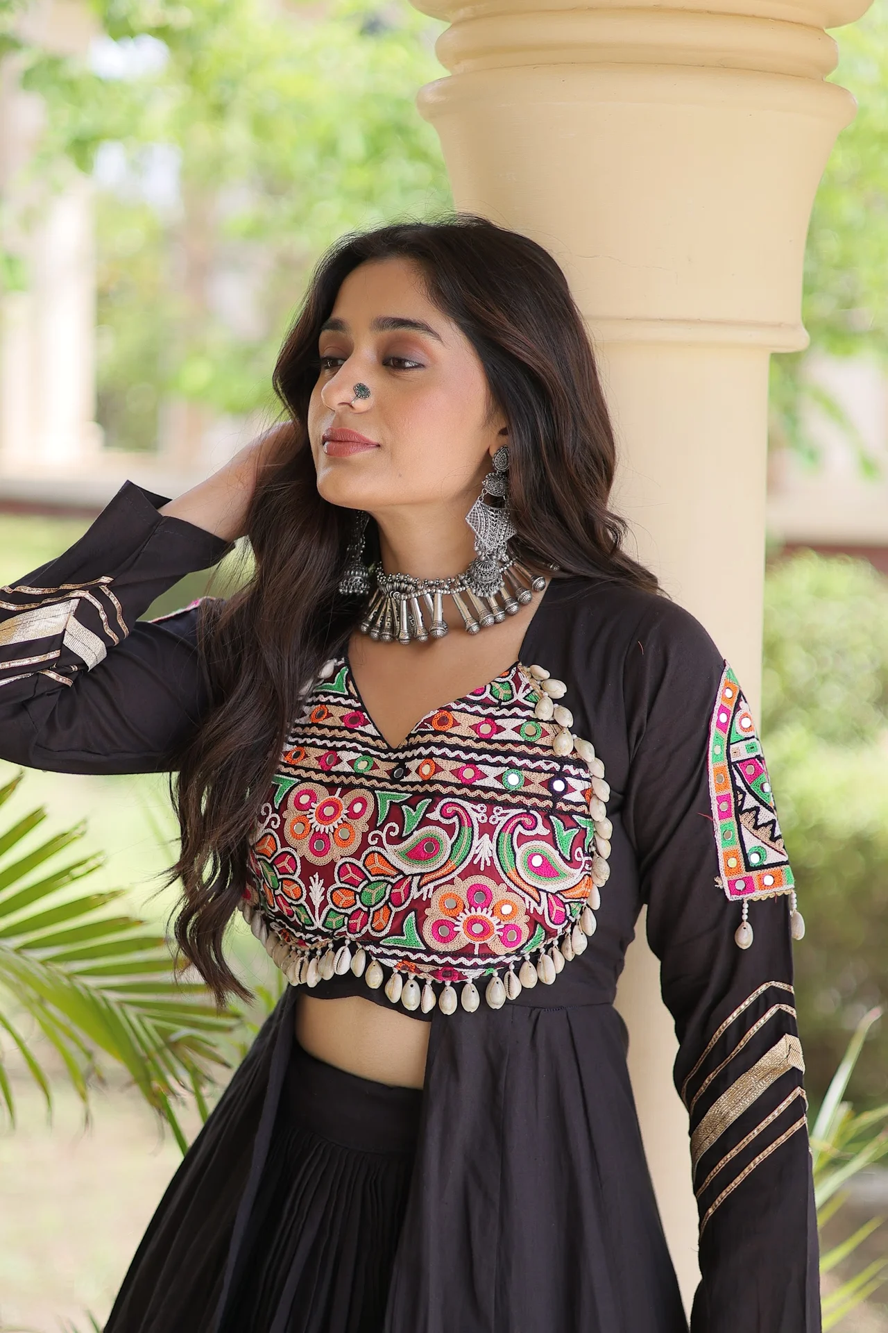Women's Kora Cotton Lehenga Choli with Long Shrug in Black — photo 3 of 3