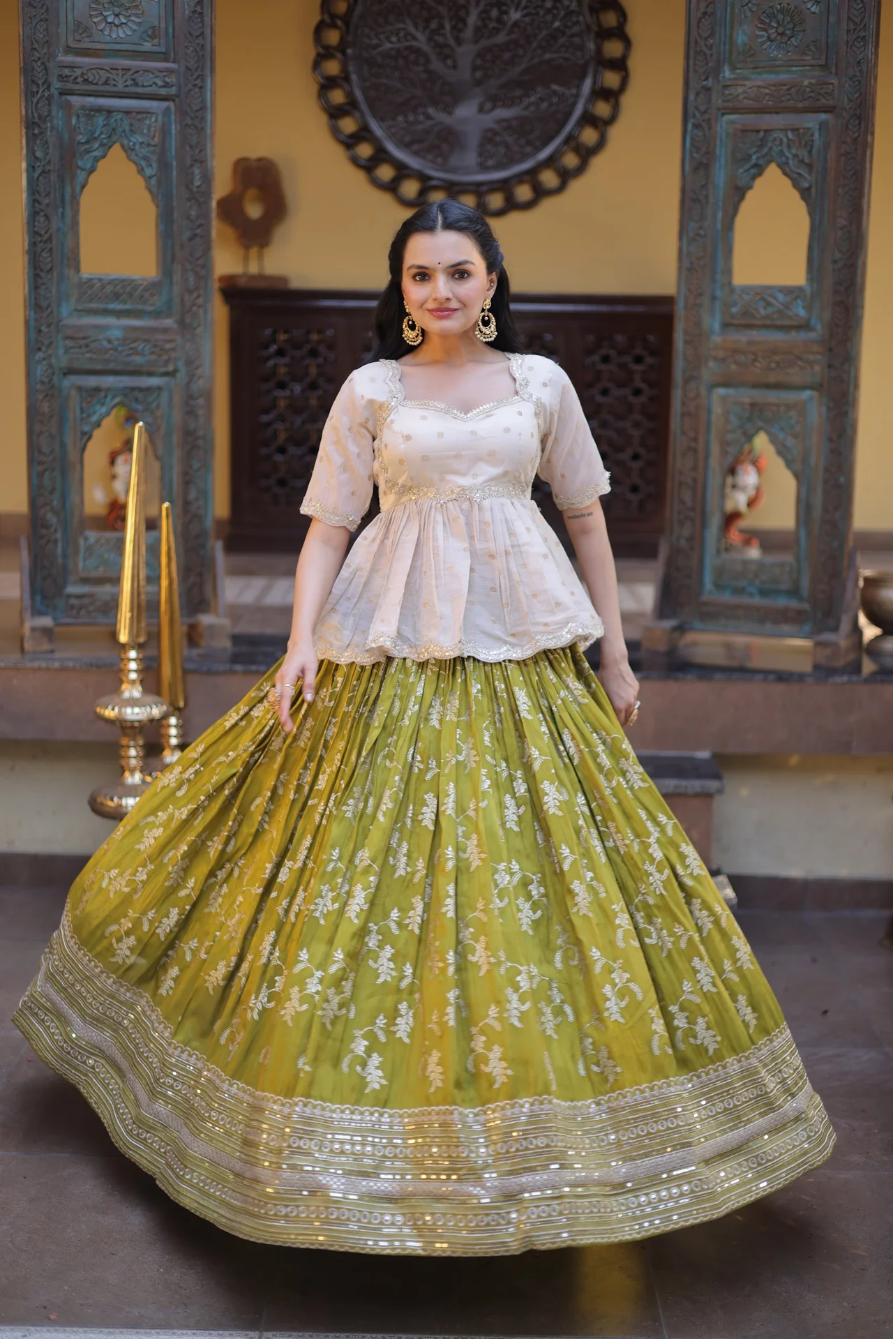Women's Viscose Jacquard Lehenga Choli with Stitched Blouse in Parrot Green — photo 2 of 7