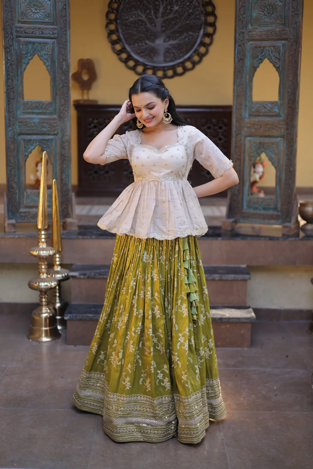 Women's Viscose Jacquard Lehenga Choli with Stitched Blouse in Parrot Green — photo 3 of 7