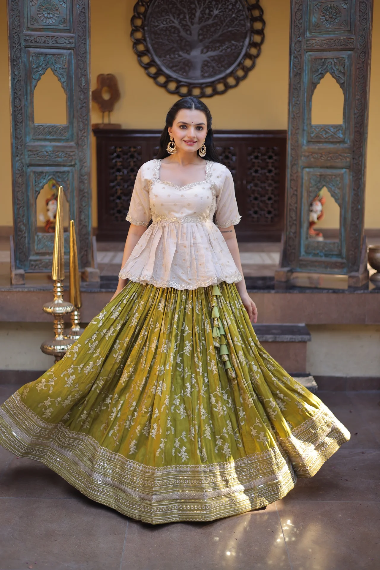 Women's Viscose Jacquard Lehenga Choli with Stitched Blouse in Parrot Green — photo 6 of 7