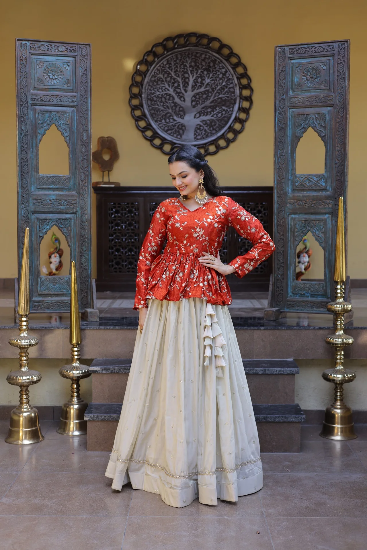 Women's Silk Lehenga Choli with Peplum Top in Orange — photo 2 of 8