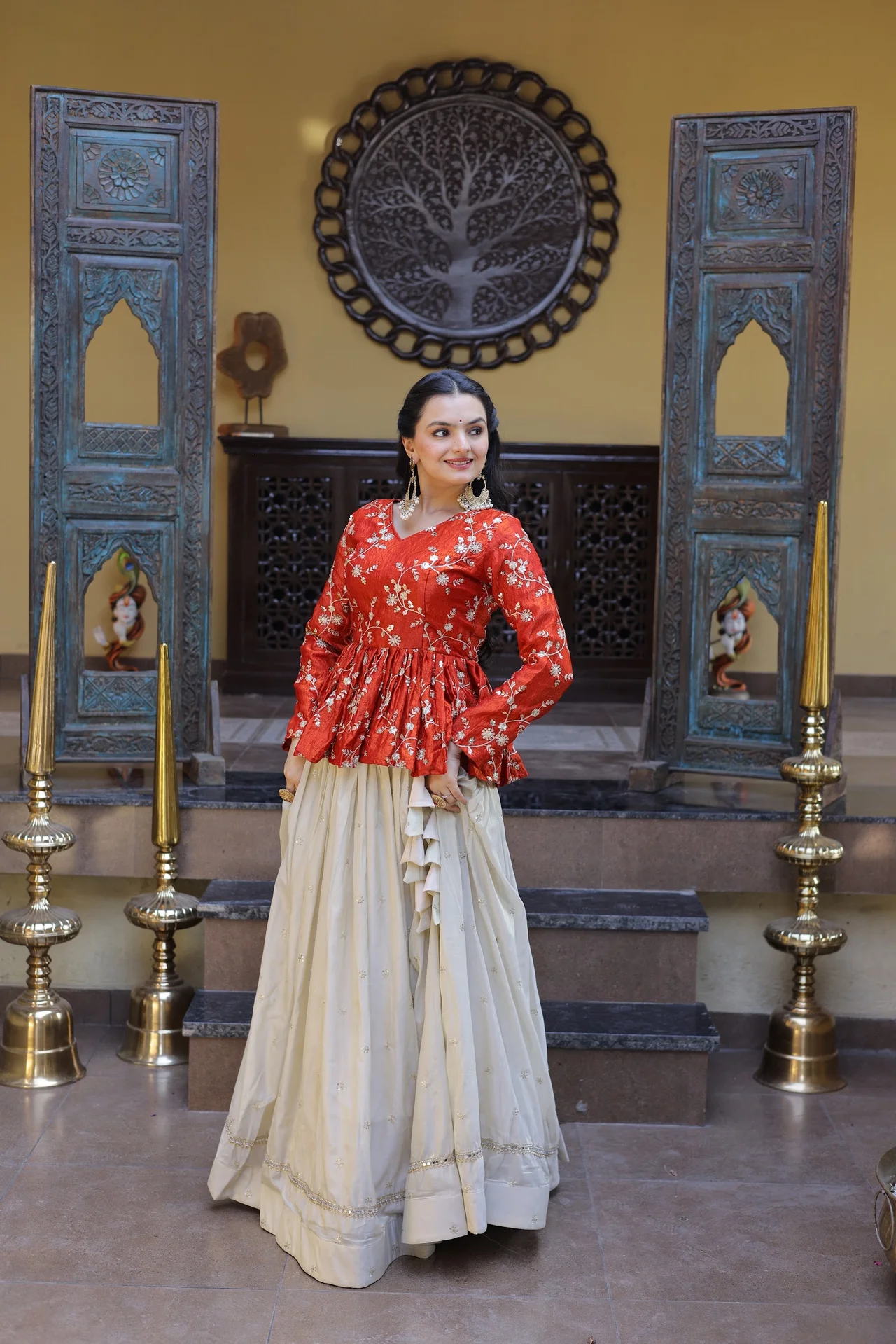 Women's Silk Lehenga Choli with Peplum Top in Orange — photo 3 of 8