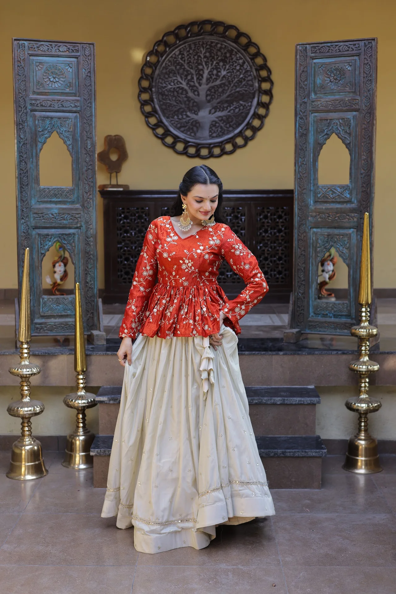 Women's Silk Lehenga Choli with Peplum Top in Orange — photo 4 of 8