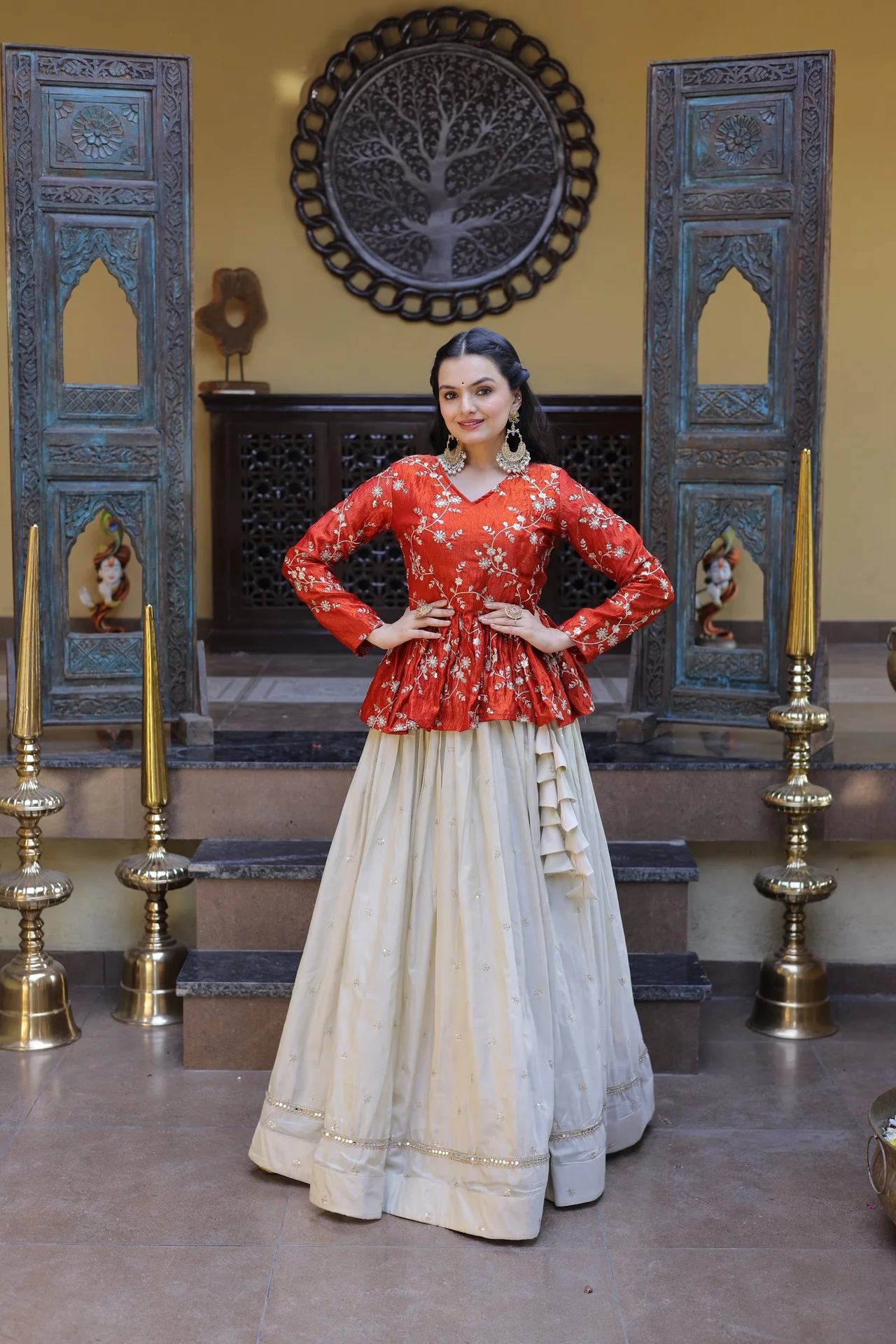 Women's Silk Lehenga Choli with Peplum Top in Orange — photo 5 of 8