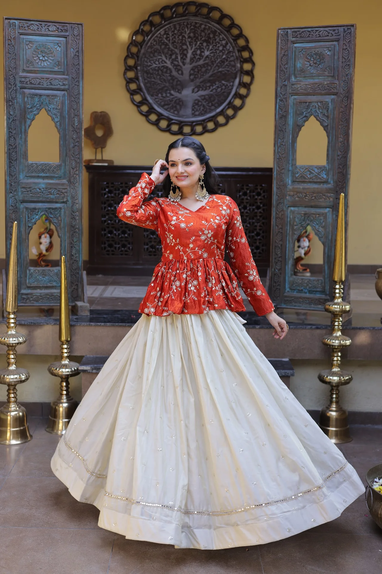 Women's Silk Lehenga Choli with Peplum Top in Orange — photo 6 of 8